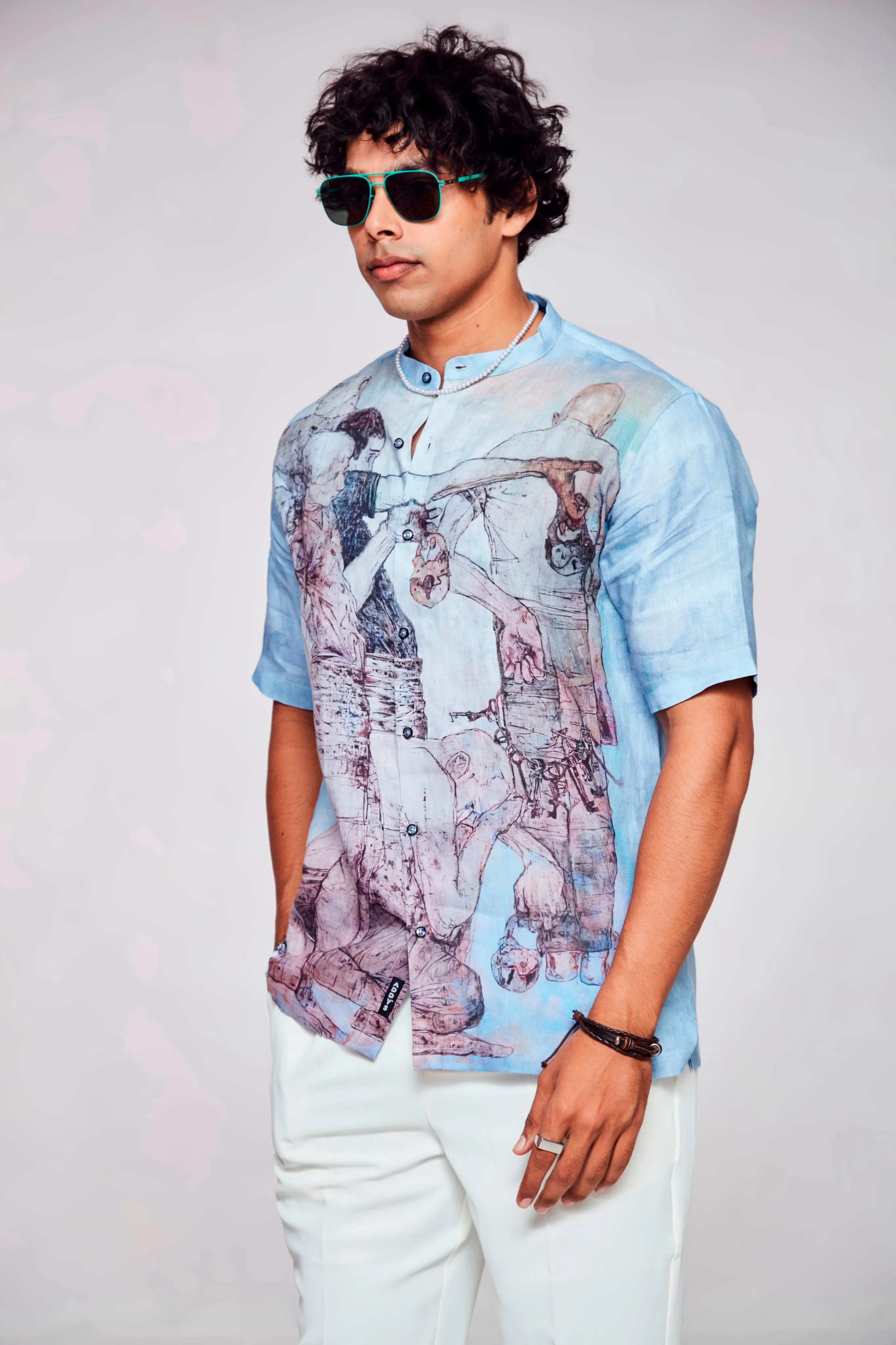 Artistic Expression Printed Pure Linen Short Sleeve Shirt