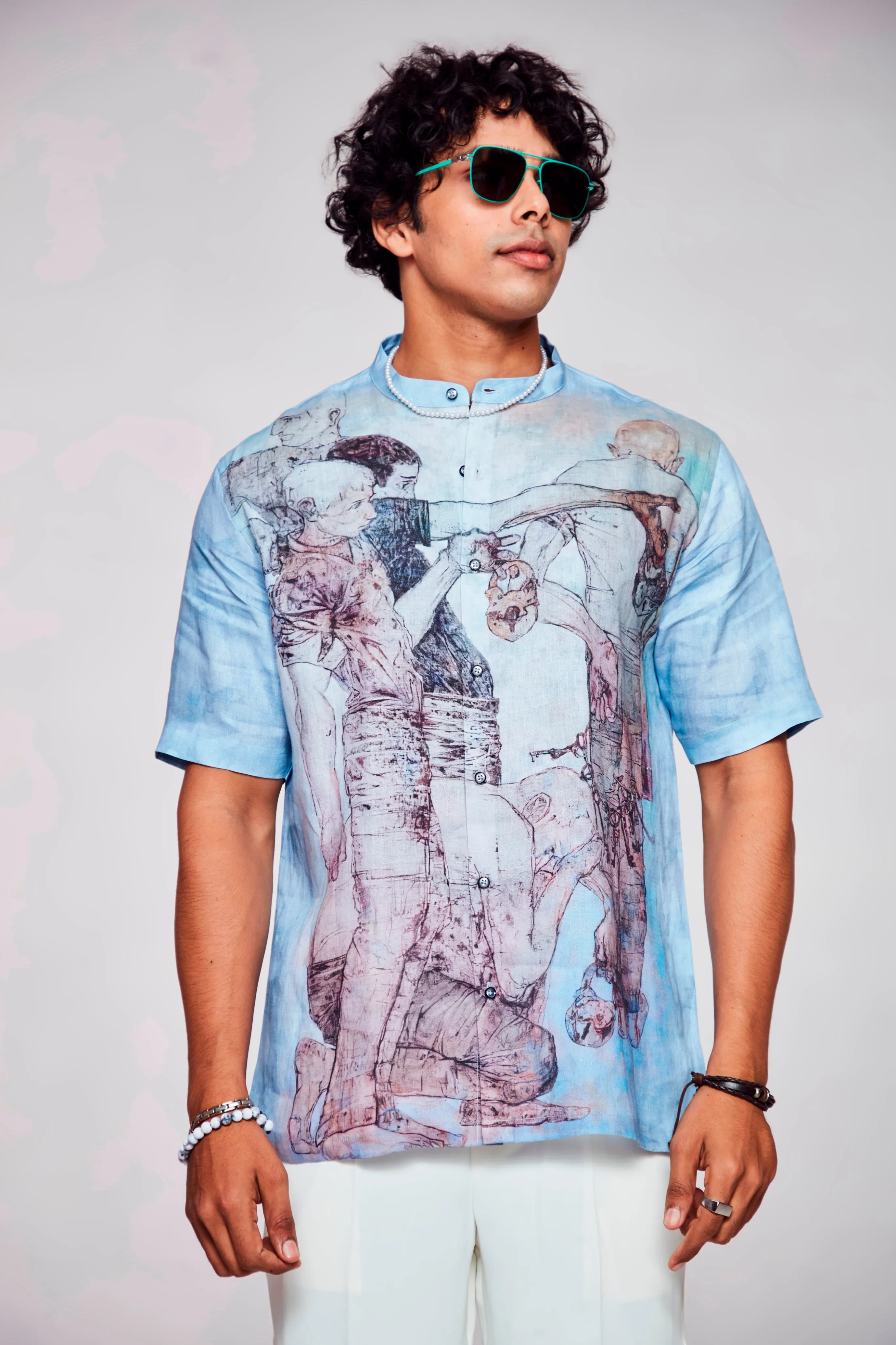 Artistic Expression Printed Pure Linen Short Sleeve Shirt