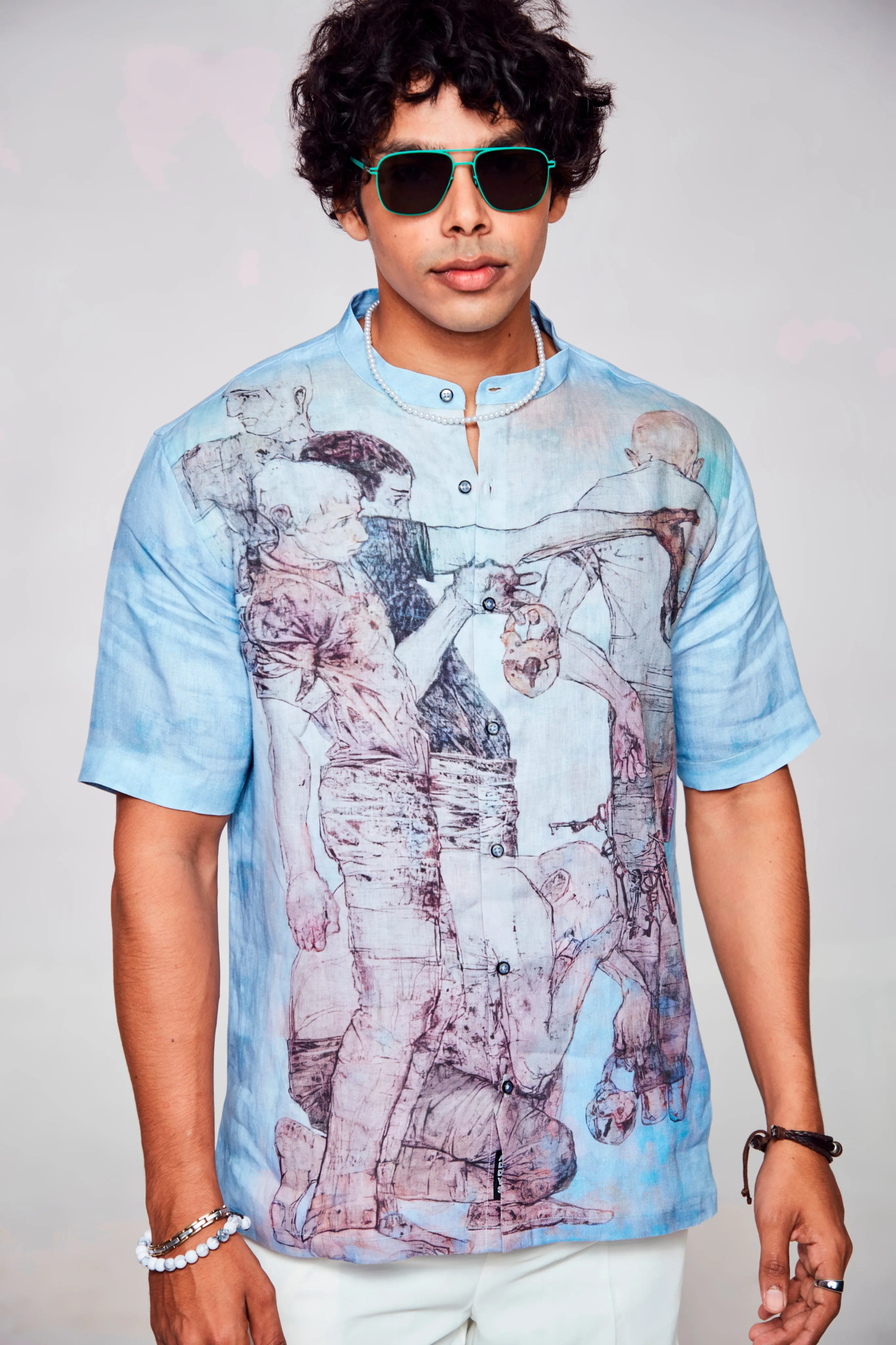 Artistic Expression Printed Pure Linen Short Sleeve Shirt