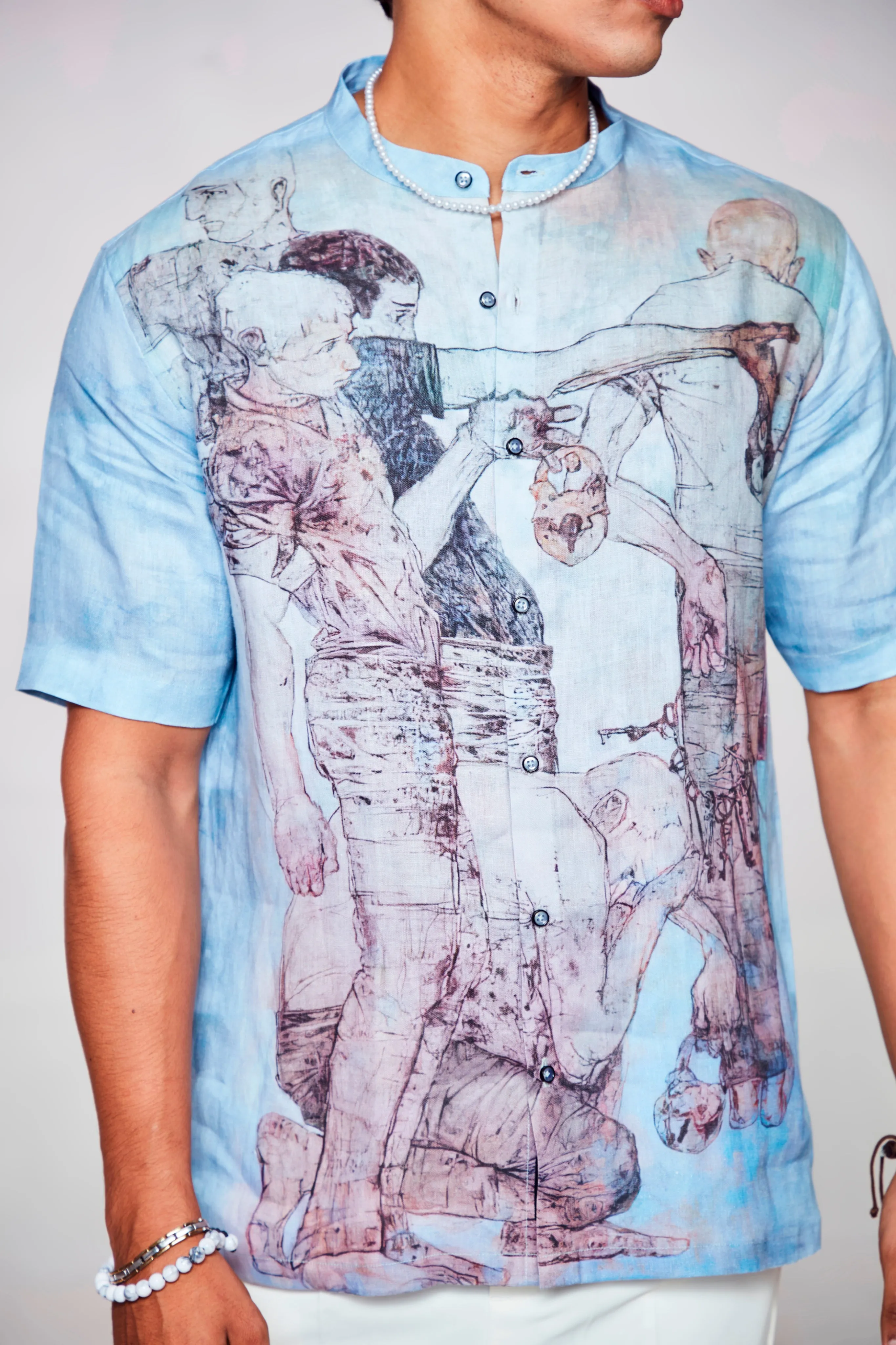 Artistic Expression Printed Pure Linen Short Sleeve Shirt