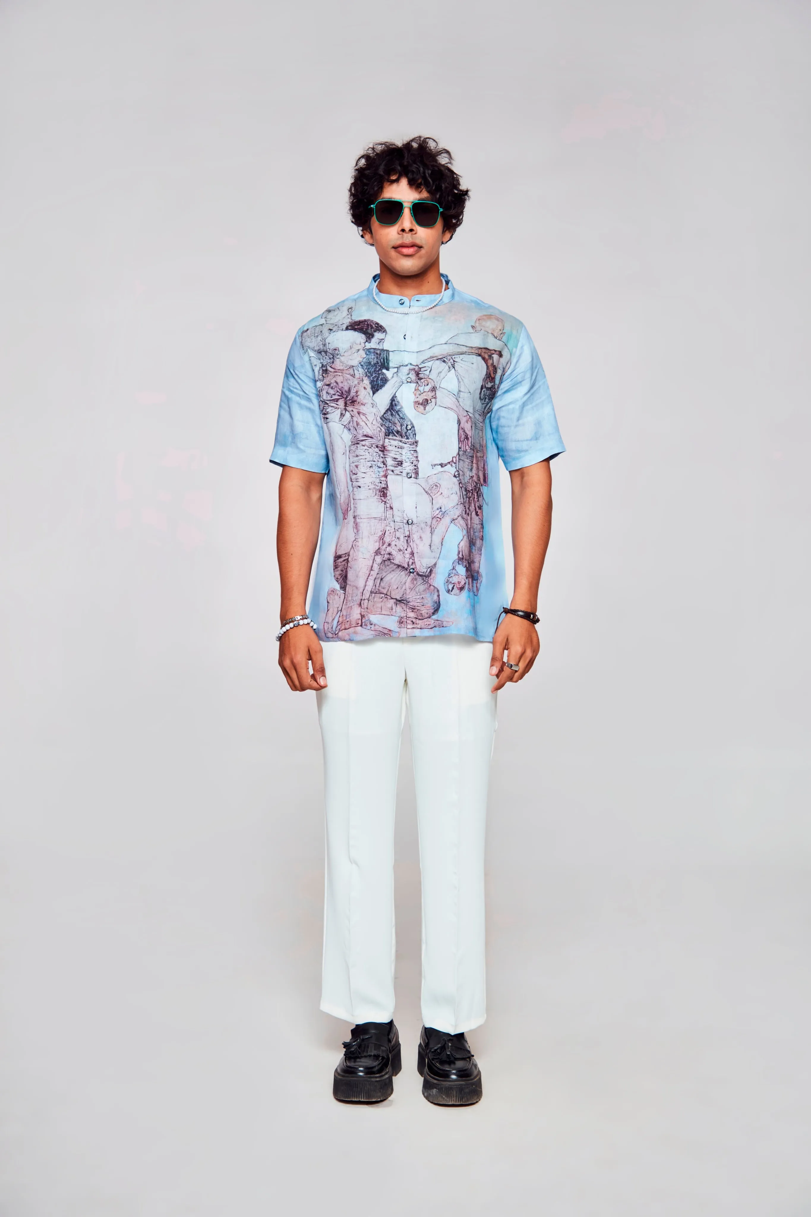Artistic Expression Printed Pure Linen Short Sleeve Shirt