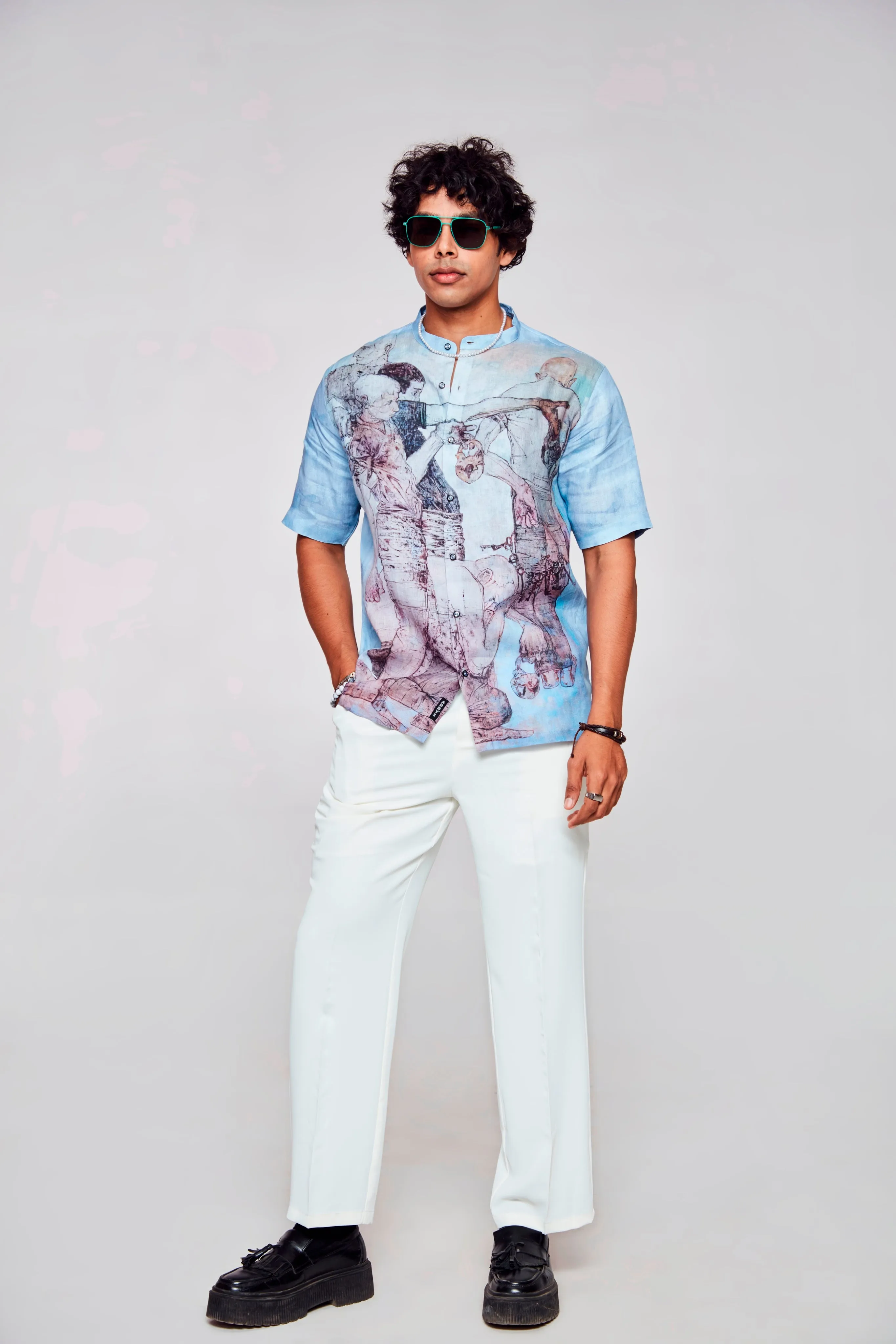 Artistic Expression Printed Pure Linen Short Sleeve Shirt