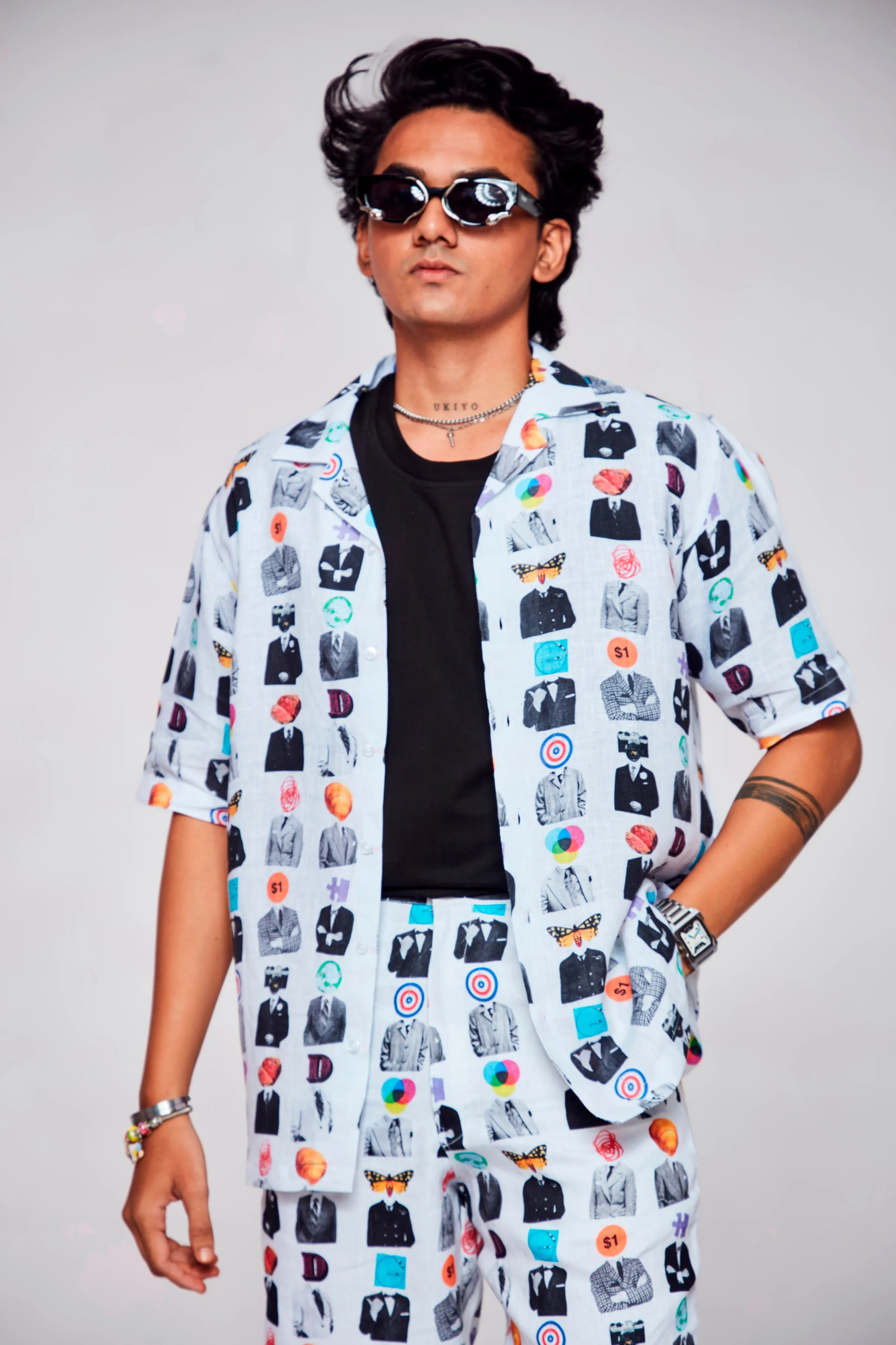 Artistic Mosaic Printed Shirt Pure Linen Cuban Coller Shirt