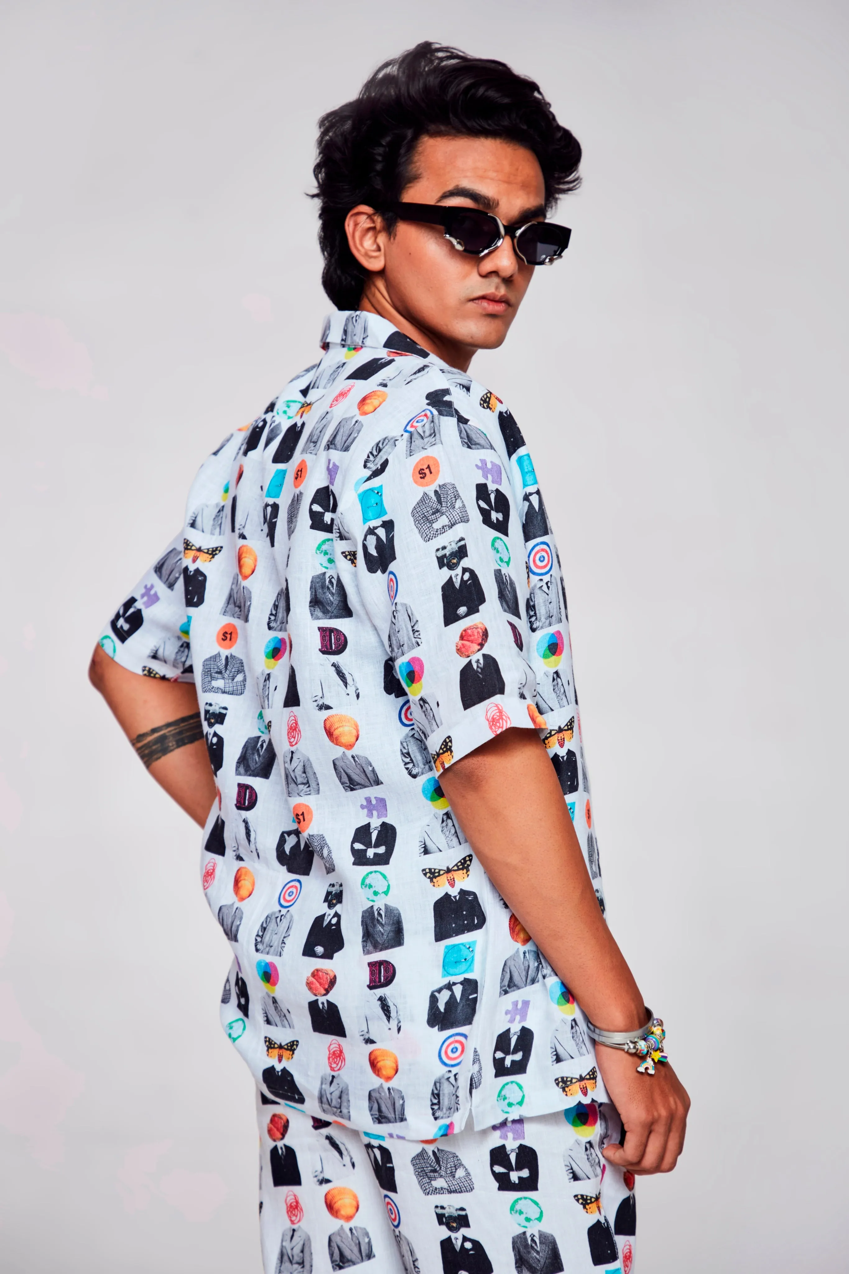 Artistic Mosaic Printed Shirt Pure Linen Cuban Coller Shirt