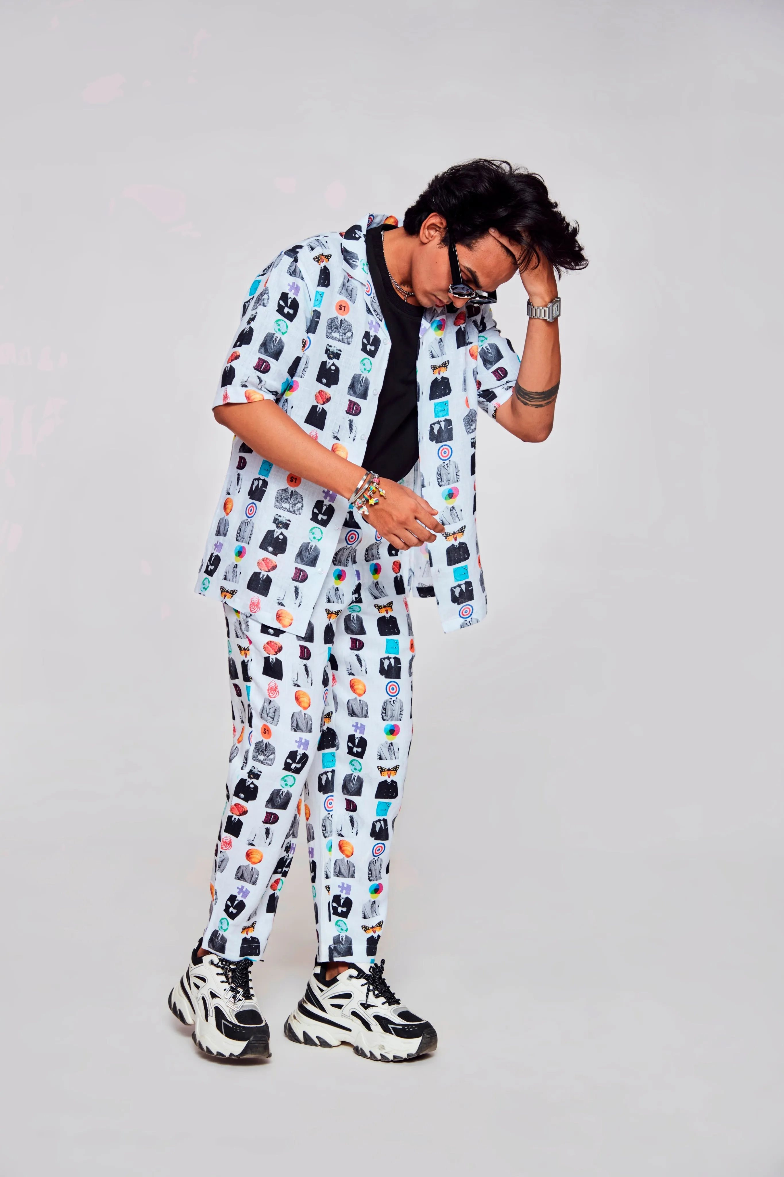 Artistic Mosaic Printed Shirt Pure Linen Cuban Coller Shirt