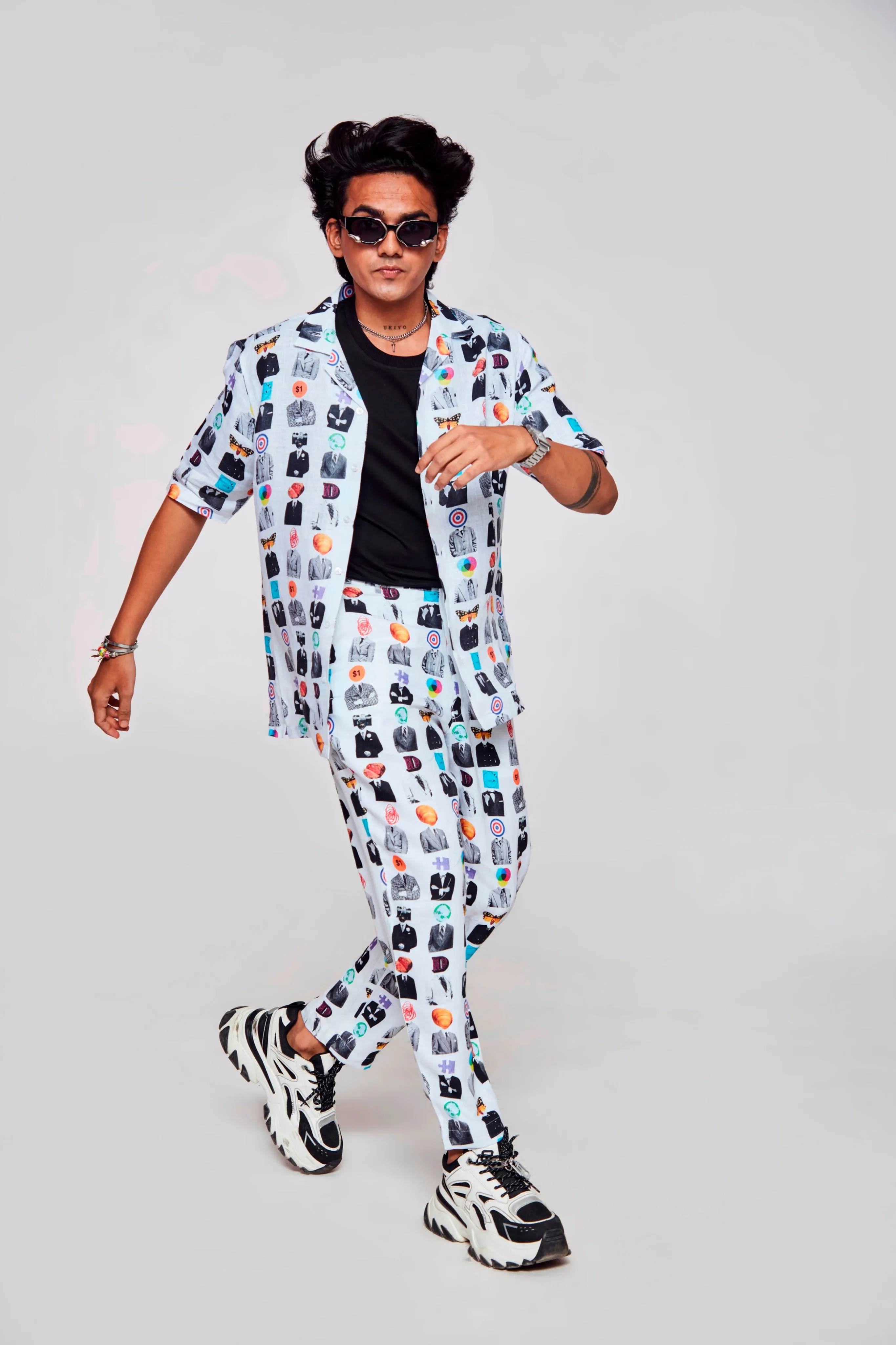 Artistic Mosaic Printed Shirt Pure Linen Cuban Coller Shirt