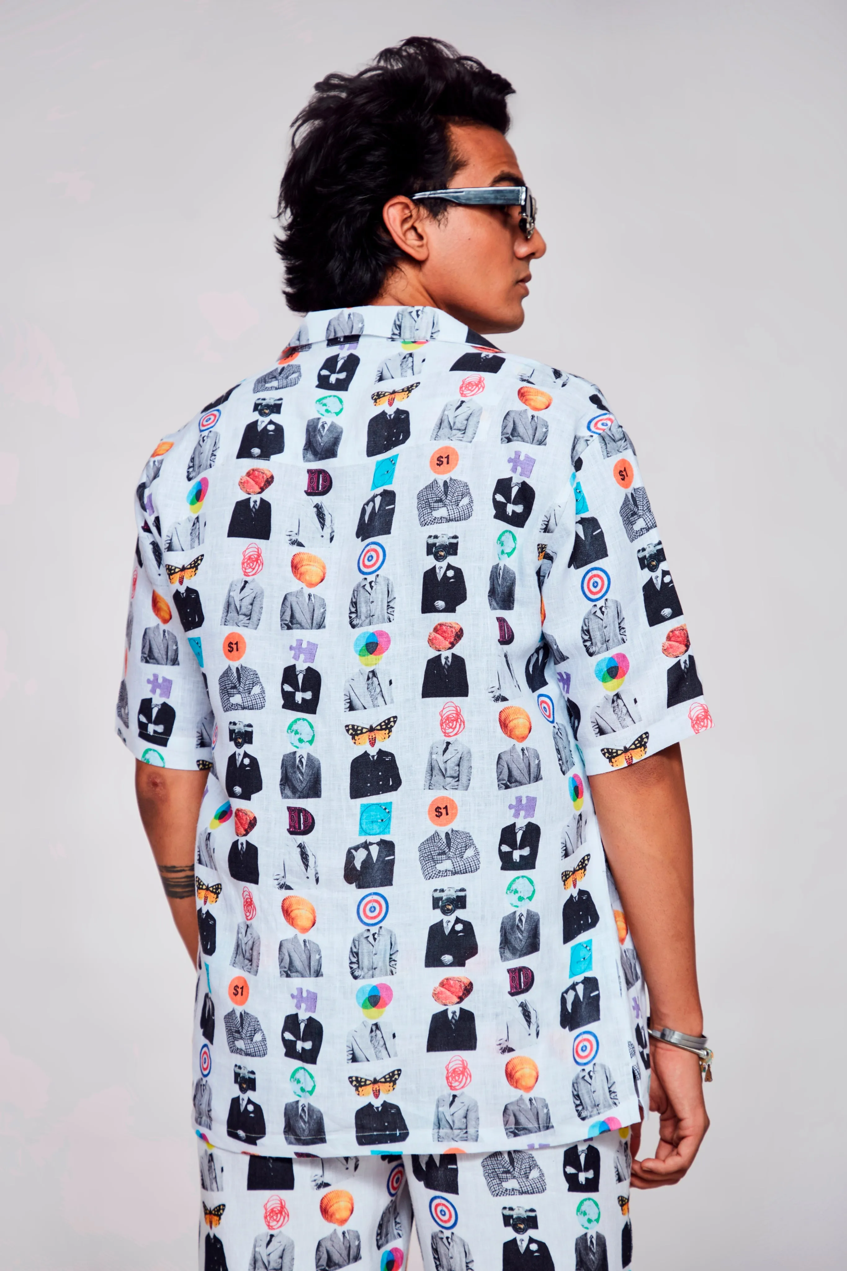 Artistic Mosaic Printed Shirt Pure Linen Cuban Coller Shirt