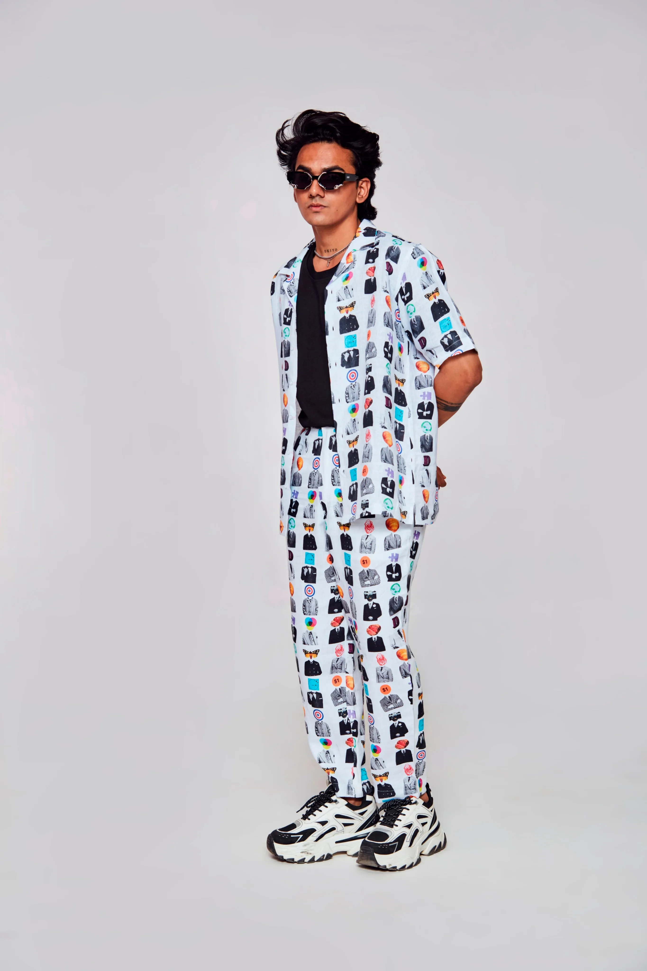 Artistic Mosaic Printed Shirt Pure Linen Cuban Coller Shirt