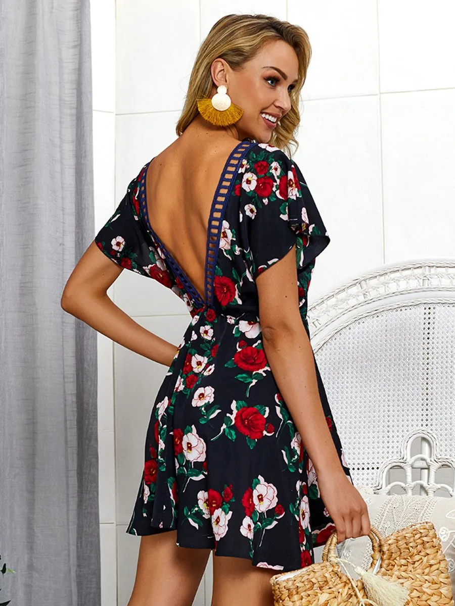 Backless V-neck Floral Short Sleeves Mini Dress