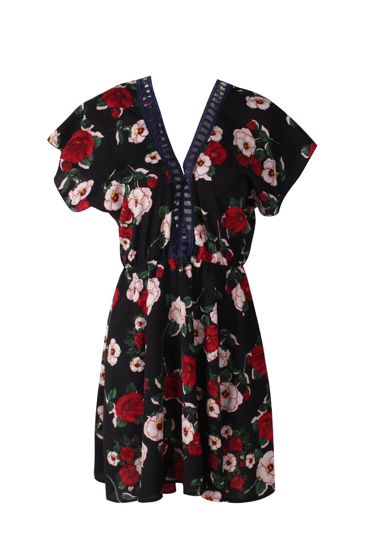 Backless V-neck Floral Short Sleeves Mini Dress