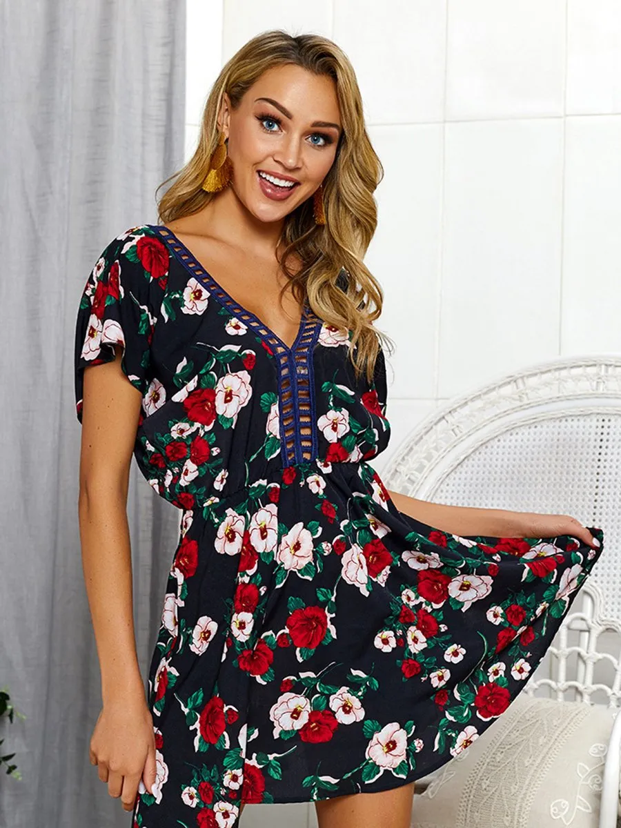 Backless V-neck Floral Short Sleeves Mini Dress