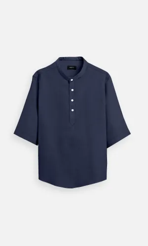 Deep Navy Colour Pure Linen Kurta Style Shirt - AddysForMen