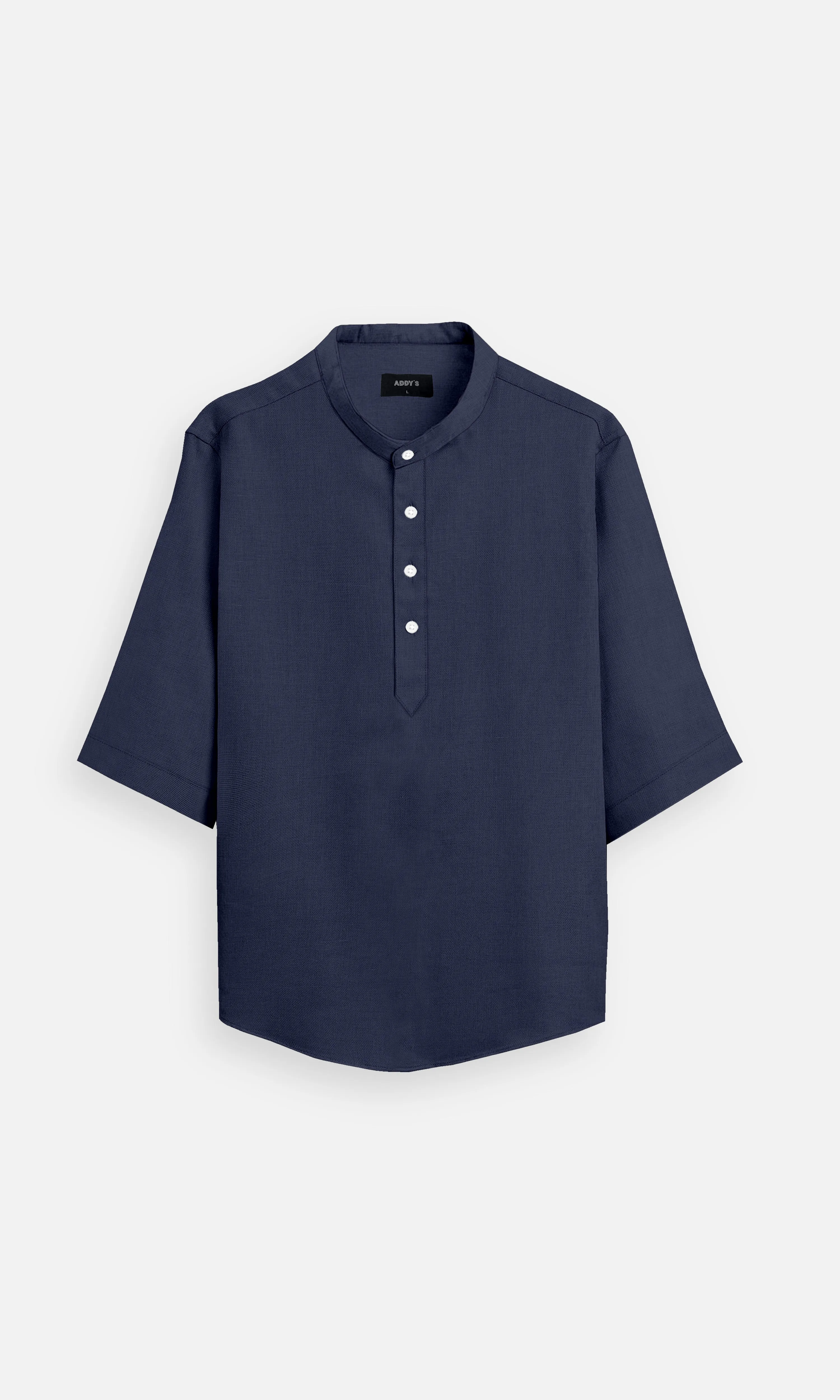 Deep Navy Colour Pure Linen Kurta Style Shirt - AddysForMen