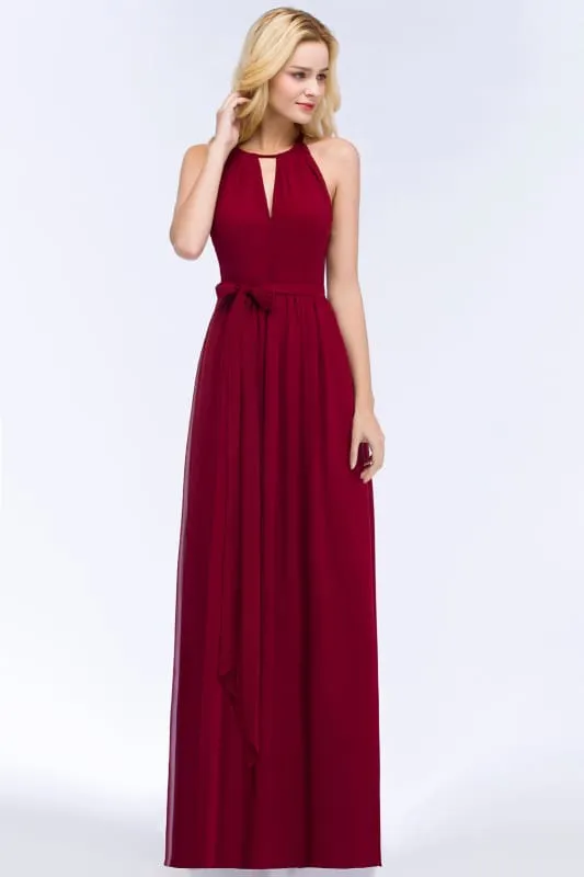 Halter Chiffon Aline Bridesmaid Dress with Sash Elegant Floor Length Formal Dress