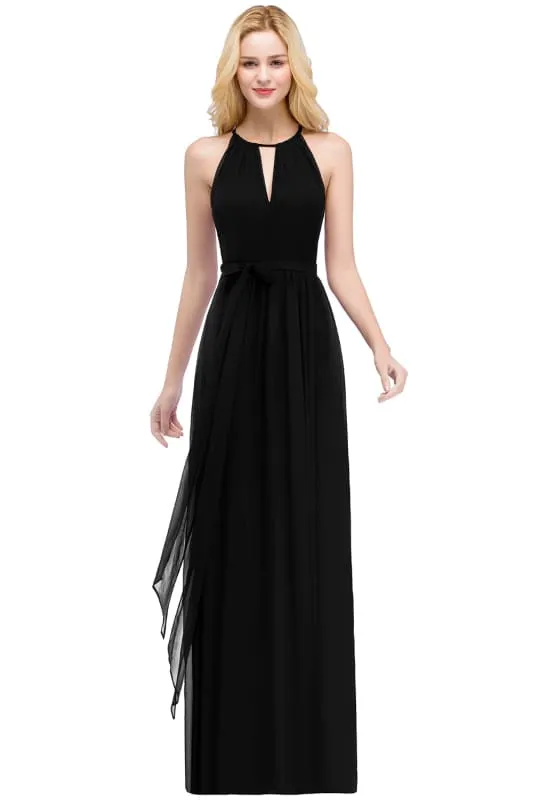 Halter Chiffon Aline Bridesmaid Dress with Sash Elegant Floor Length Formal Dress