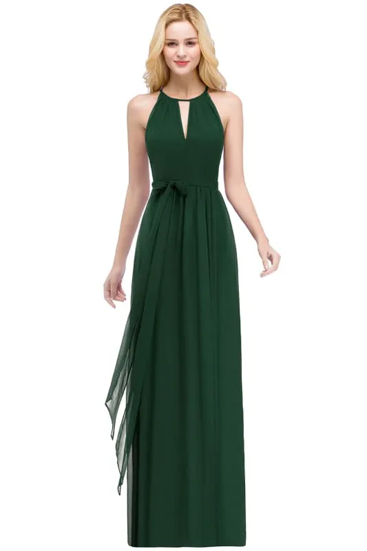 Halter Chiffon Aline Bridesmaid Dress with Sash Elegant Floor Length Formal Dress