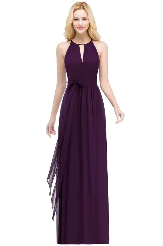 Halter Chiffon Aline Bridesmaid Dress with Sash Elegant Floor Length Formal Dress