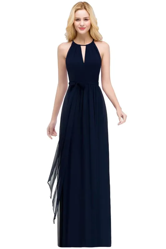 Halter Chiffon Aline Bridesmaid Dress with Sash Elegant Floor Length Formal Dress