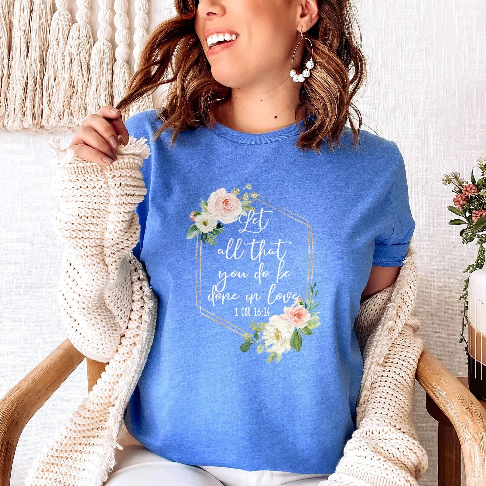 Let All That You Do Be Done With Love 1 Corinthians 16:14 Floral Glitter Tee Shirts For Women - Christian Shirts for Women