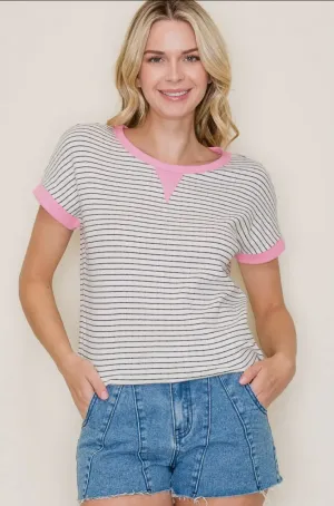 Pink Collard Ivory & Navy Pointelle Stripe Top