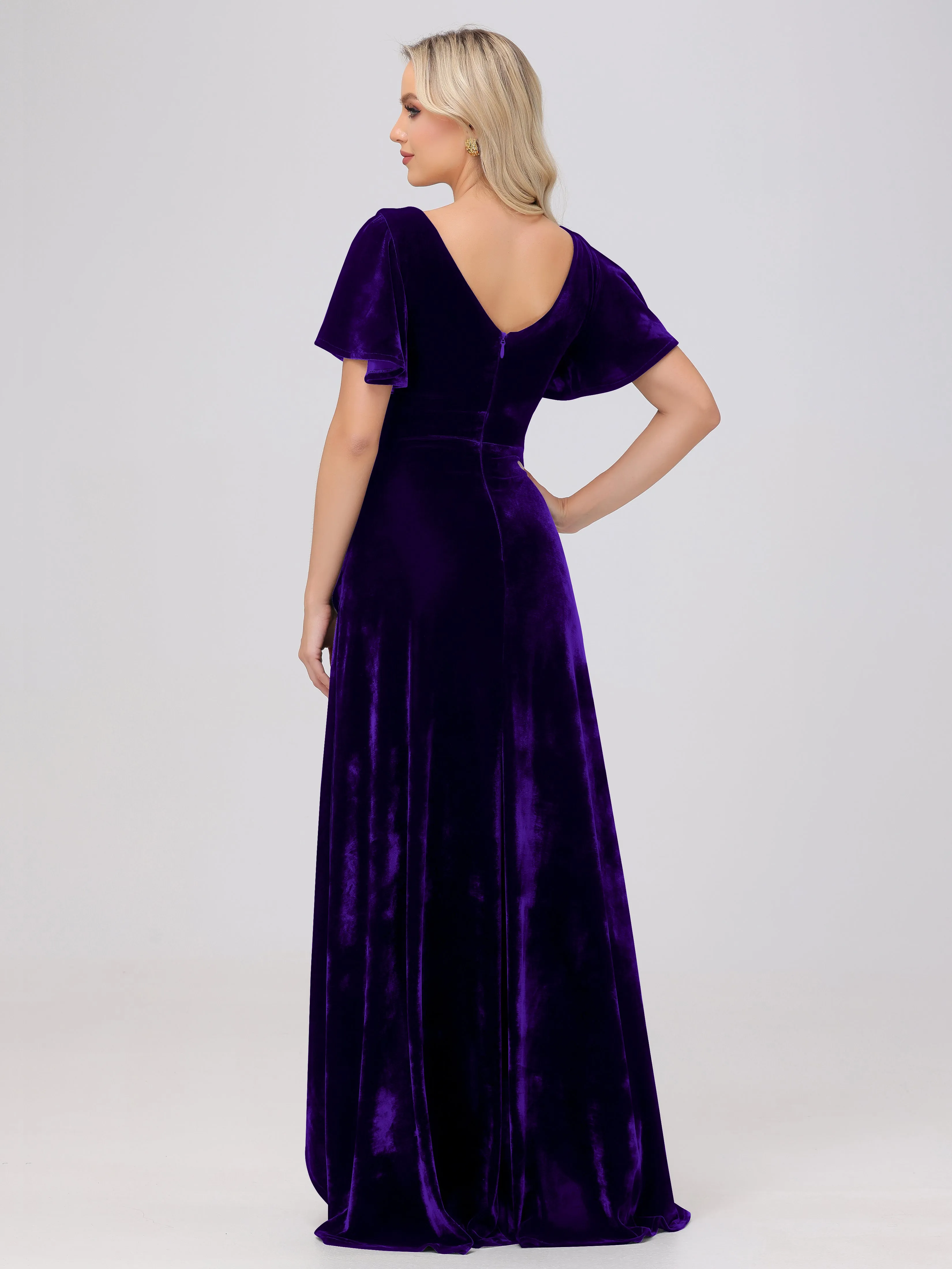 V-Neck Short Sleeves Ruffles Velvet Bridesmaid Dresses