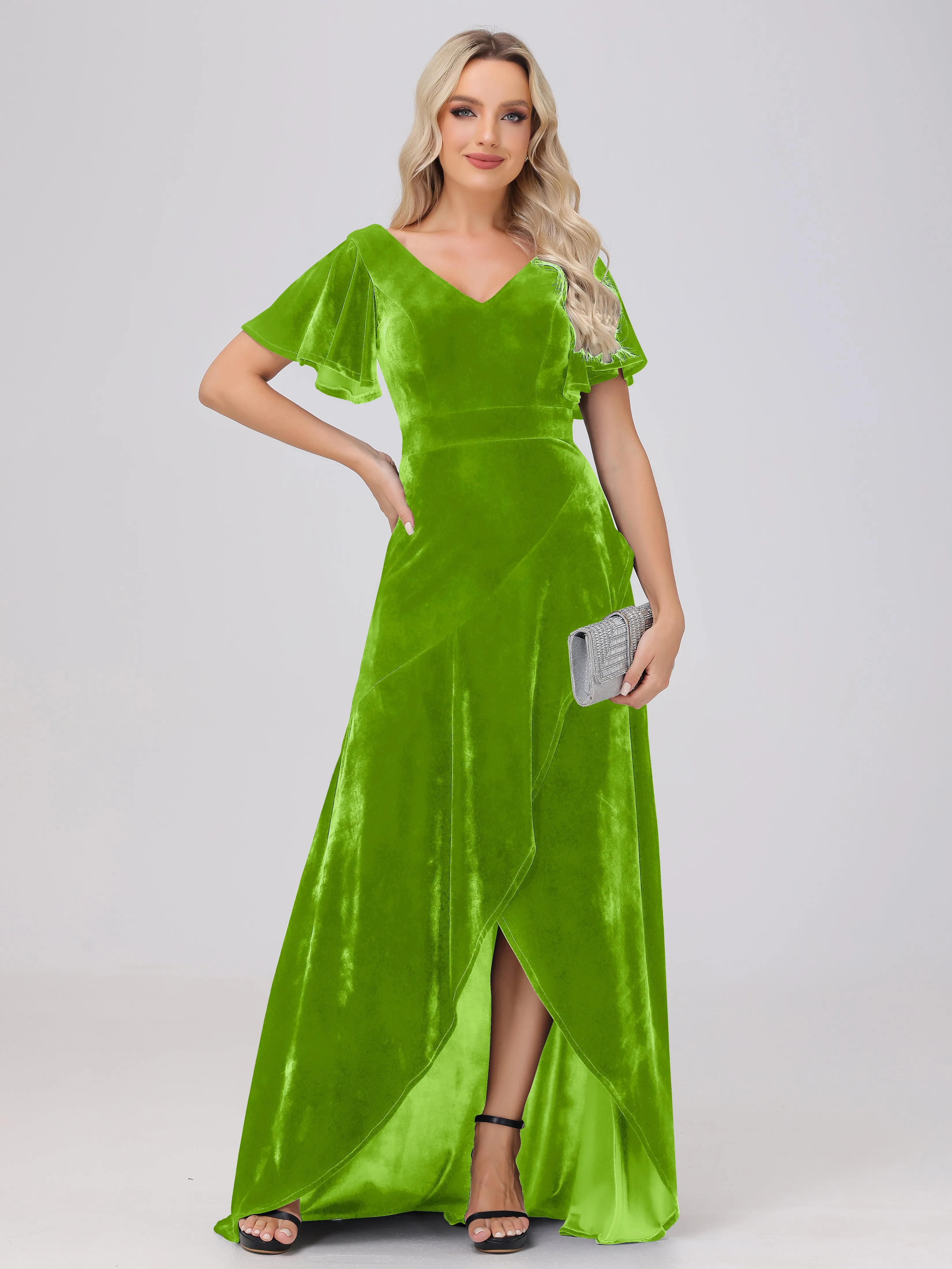 V-Neck Short Sleeves Ruffles Velvet Bridesmaid Dresses