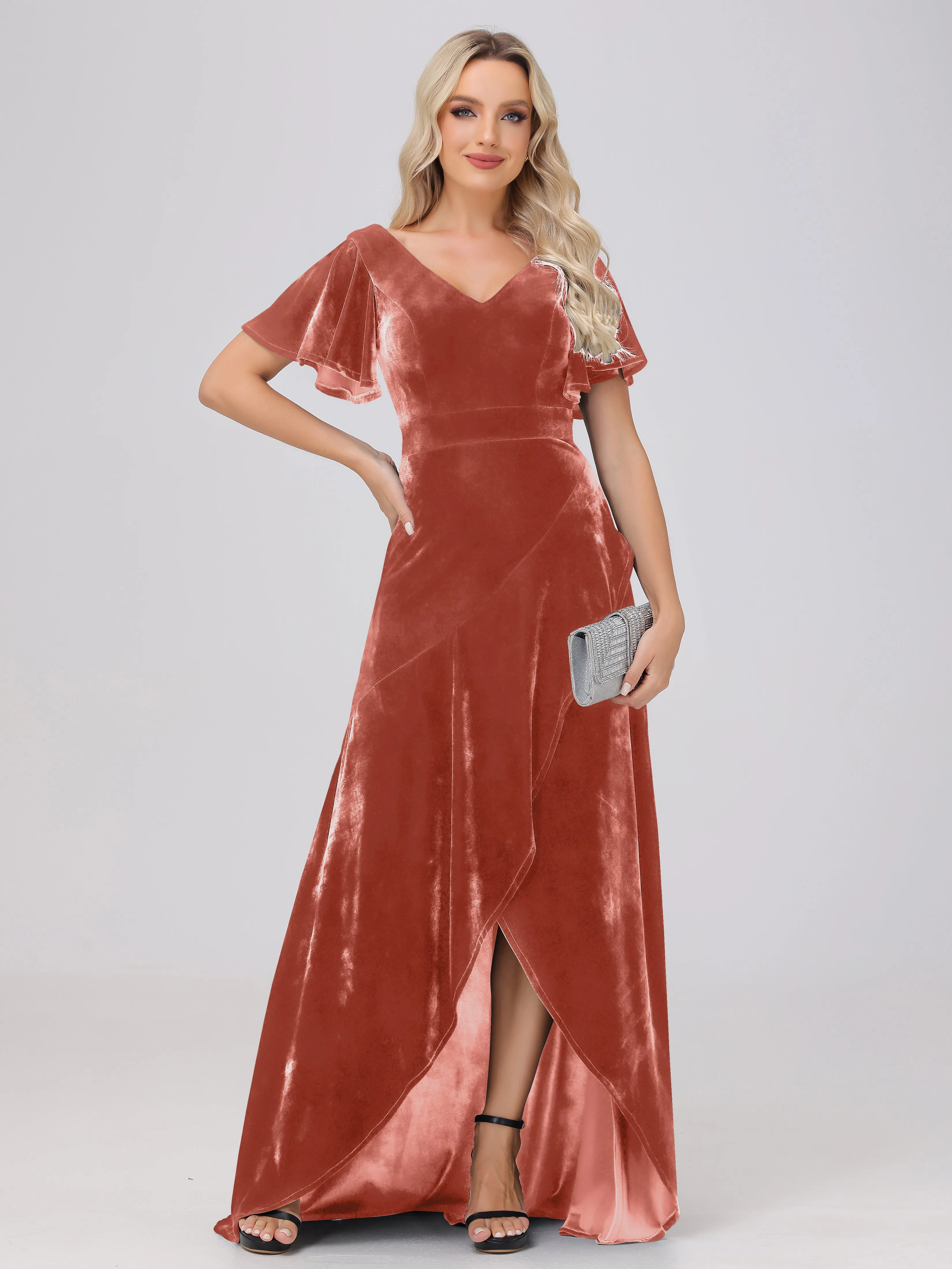 V-Neck Short Sleeves Ruffles Velvet Bridesmaid Dresses
