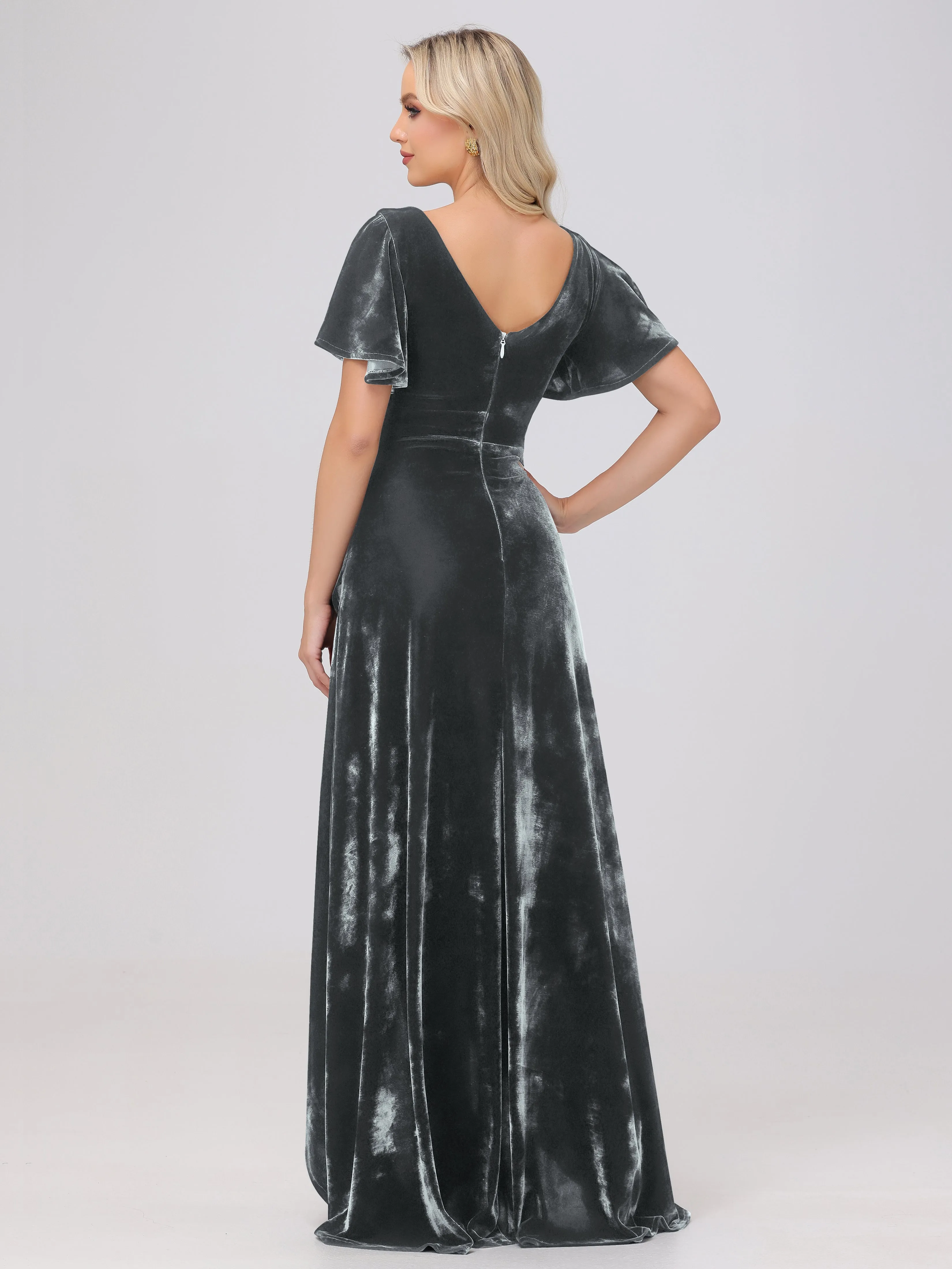 V-Neck Short Sleeves Ruffles Velvet Bridesmaid Dresses