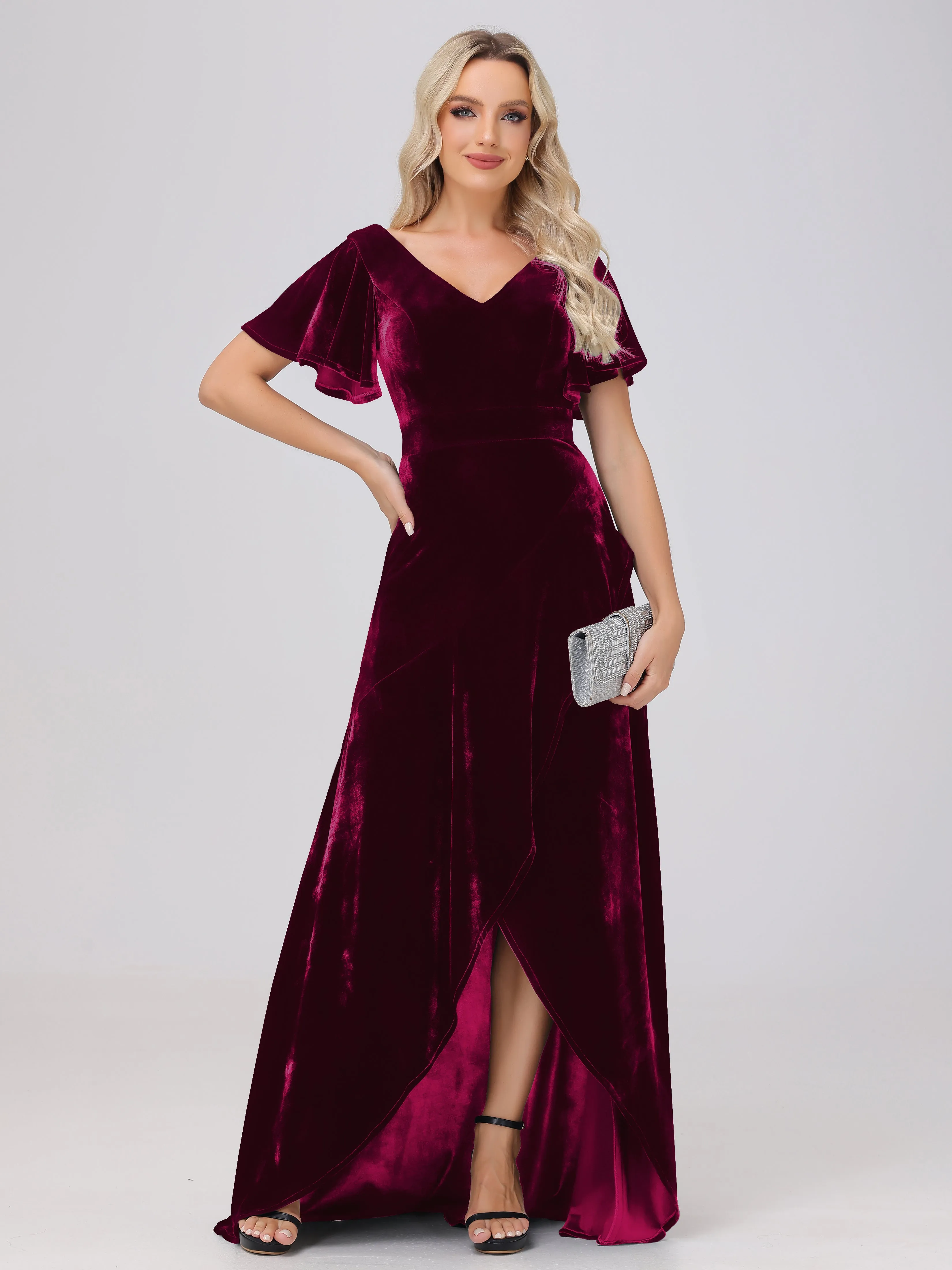 V-Neck Short Sleeves Ruffles Velvet Bridesmaid Dresses