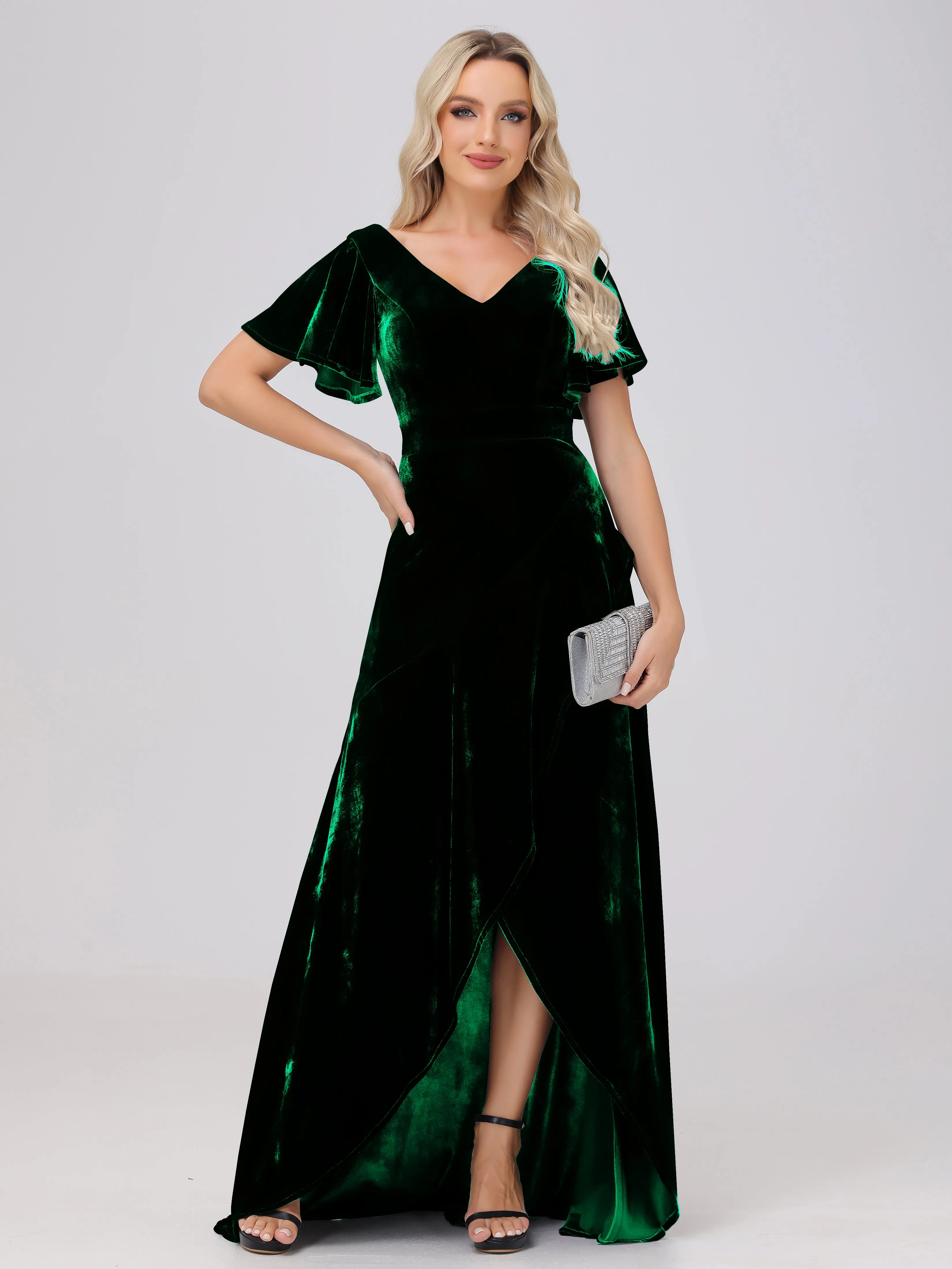 V-Neck Short Sleeves Ruffles Velvet Bridesmaid Dresses