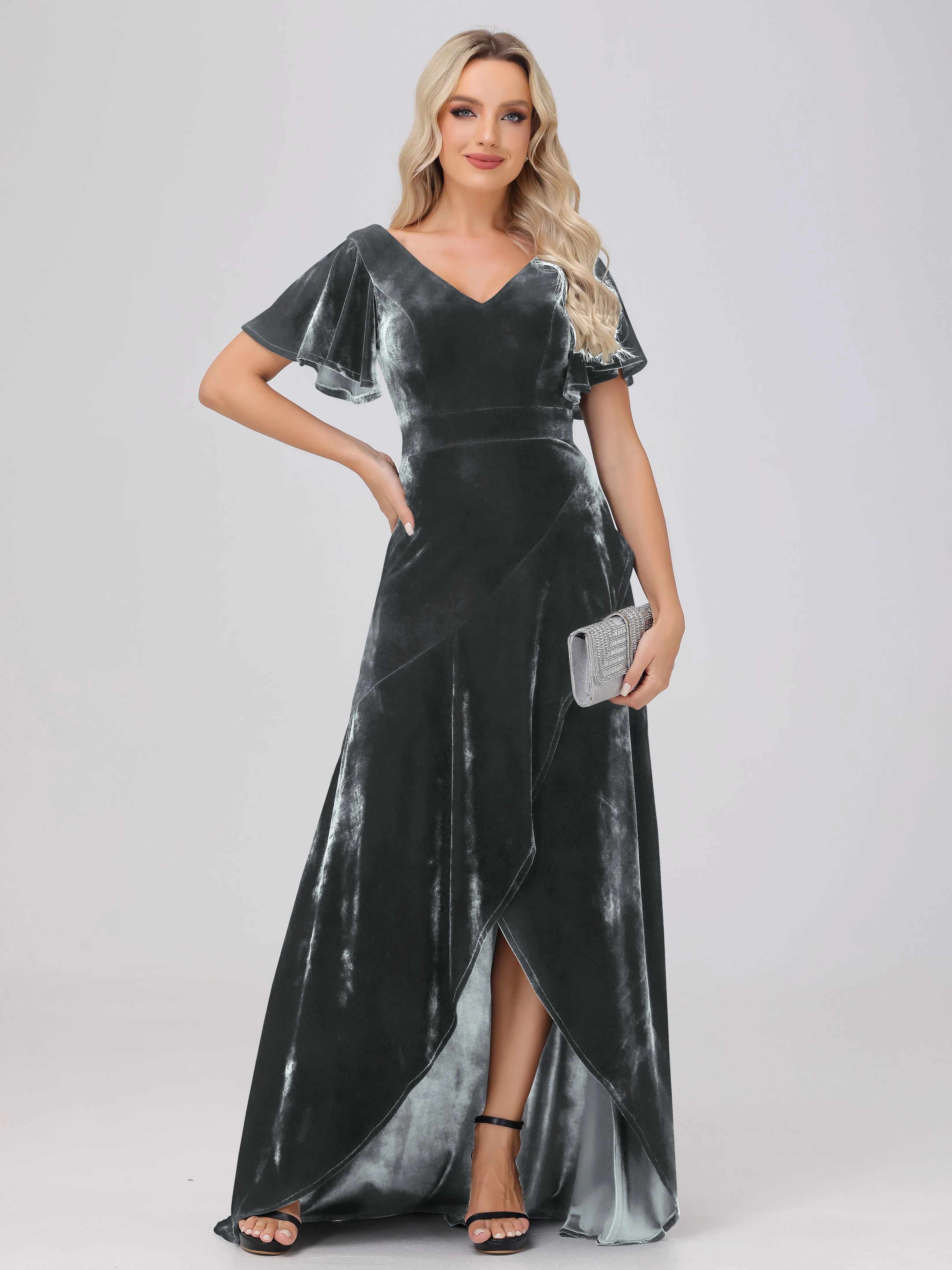 V-Neck Short Sleeves Ruffles Velvet Bridesmaid Dresses