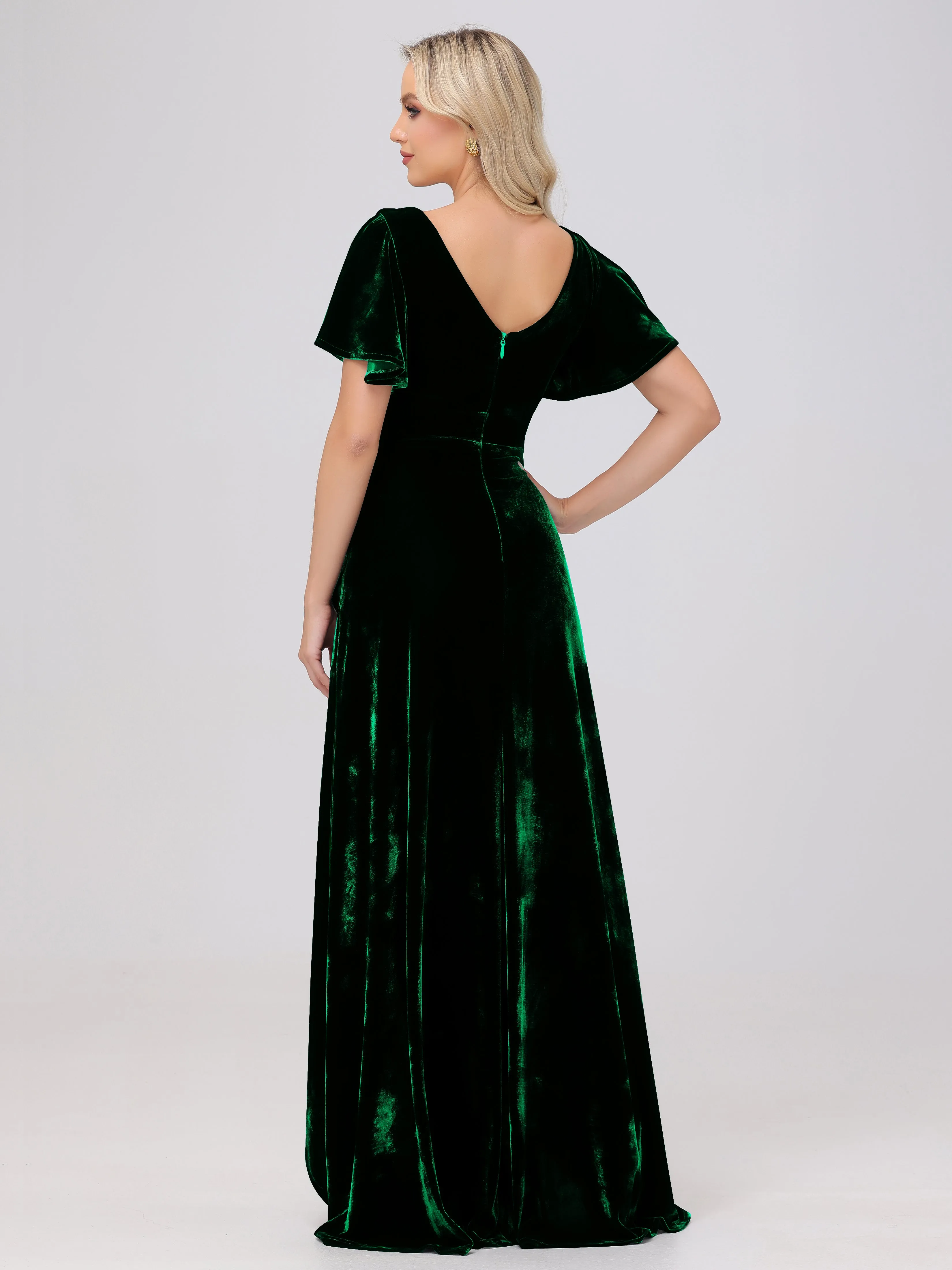 V-Neck Short Sleeves Ruffles Velvet Bridesmaid Dresses