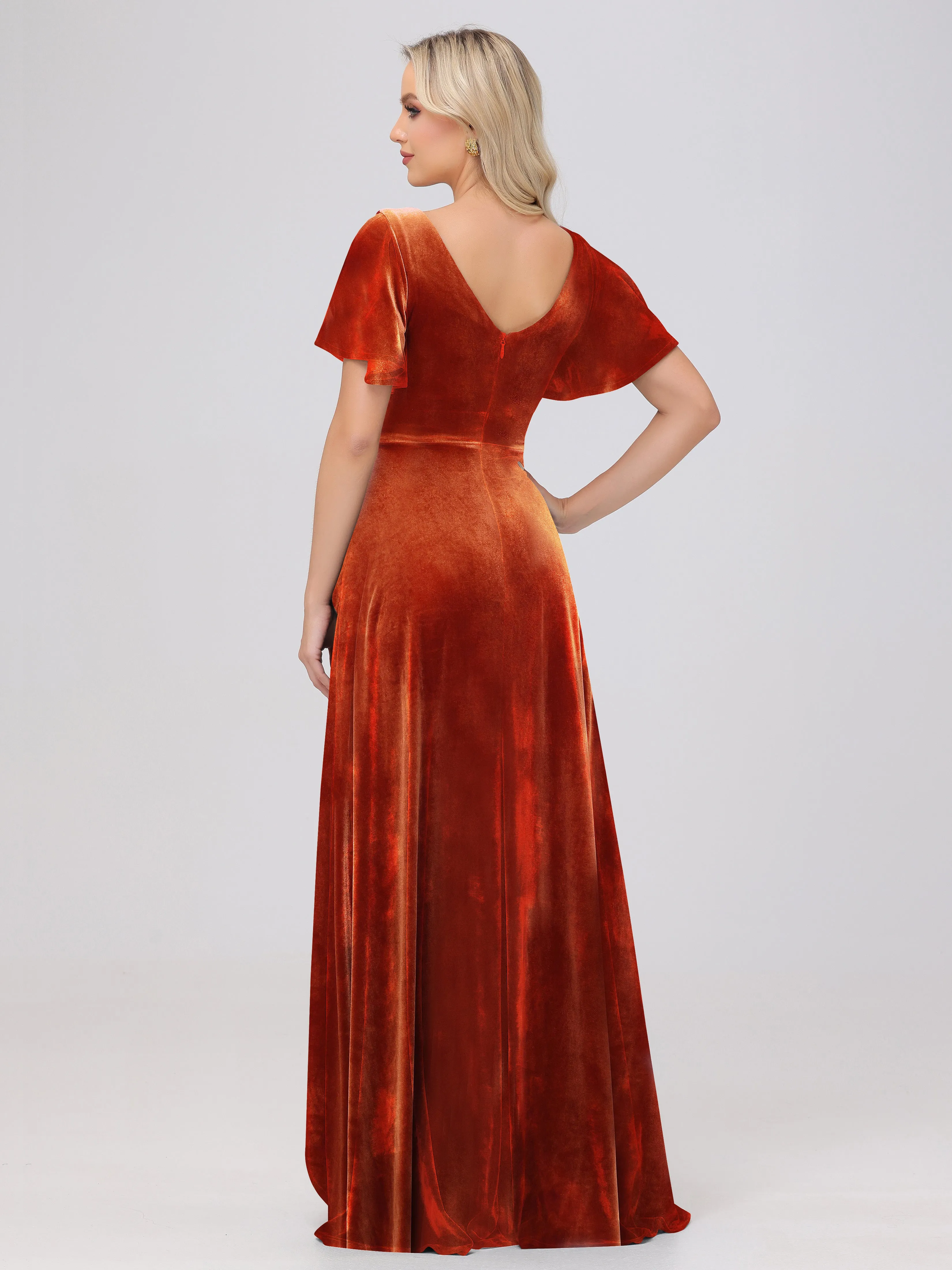 V-Neck Short Sleeves Ruffles Velvet Bridesmaid Dresses