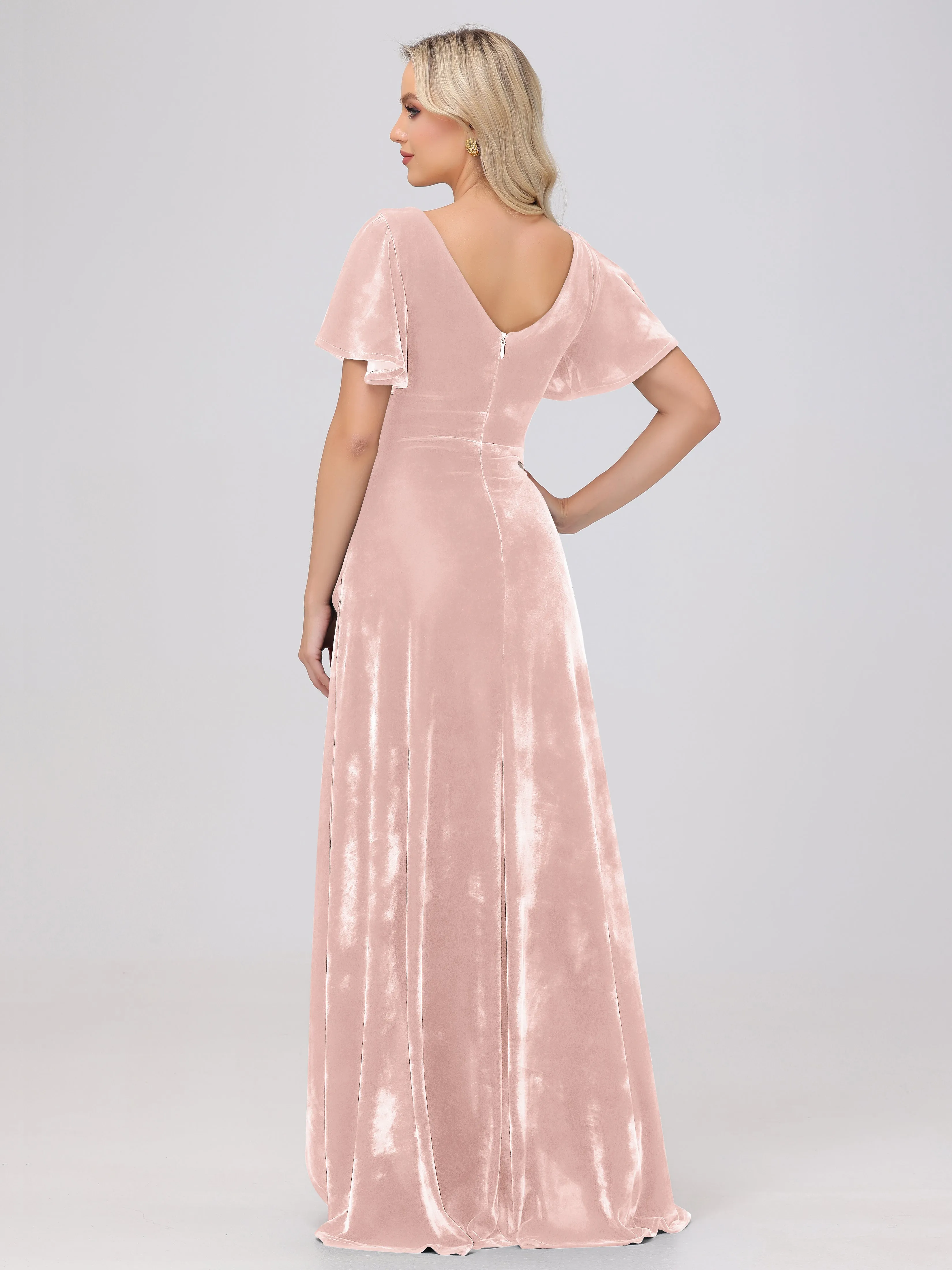 V-Neck Short Sleeves Ruffles Velvet Bridesmaid Dresses