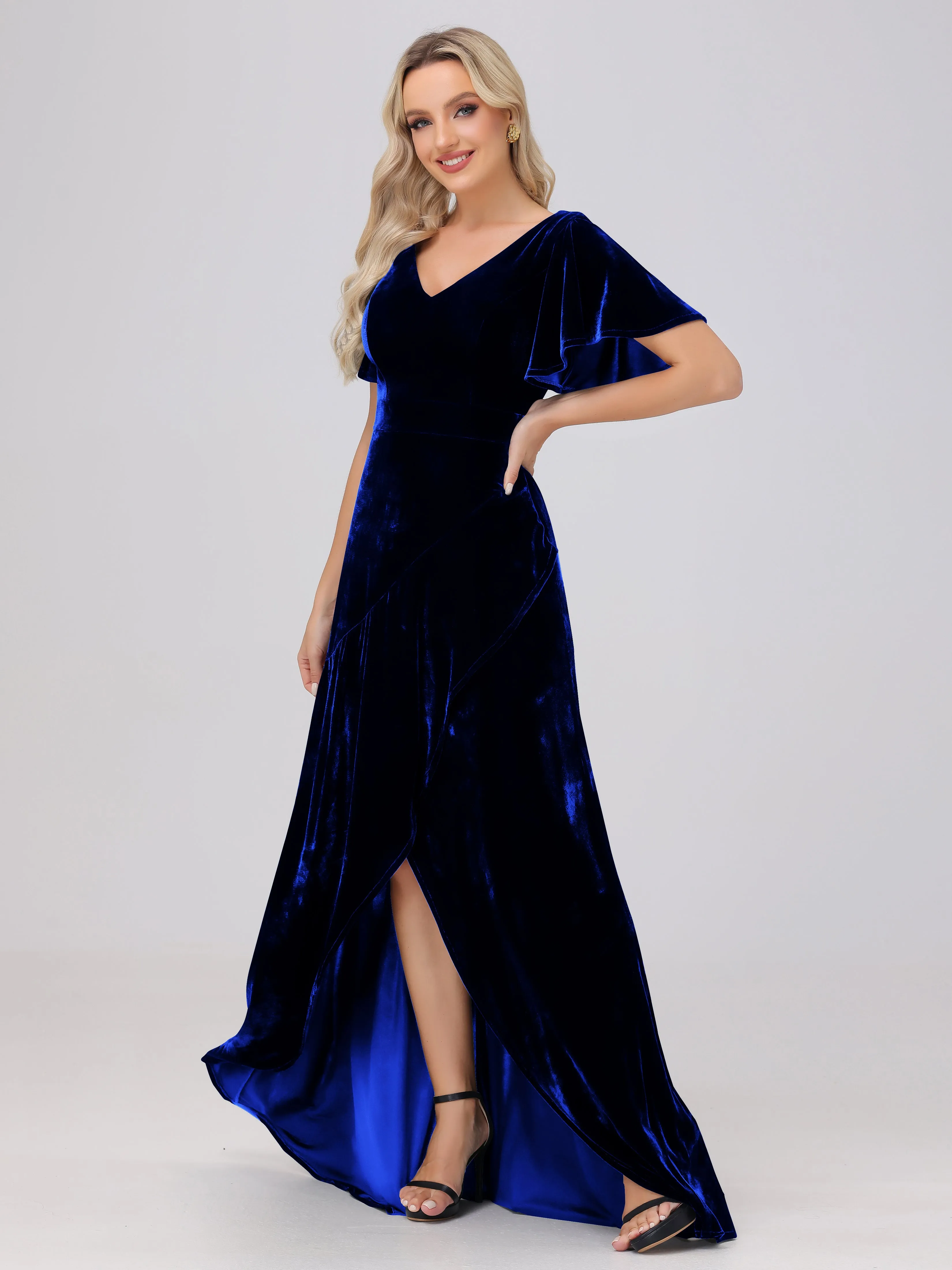 V-Neck Short Sleeves Ruffles Velvet Bridesmaid Dresses