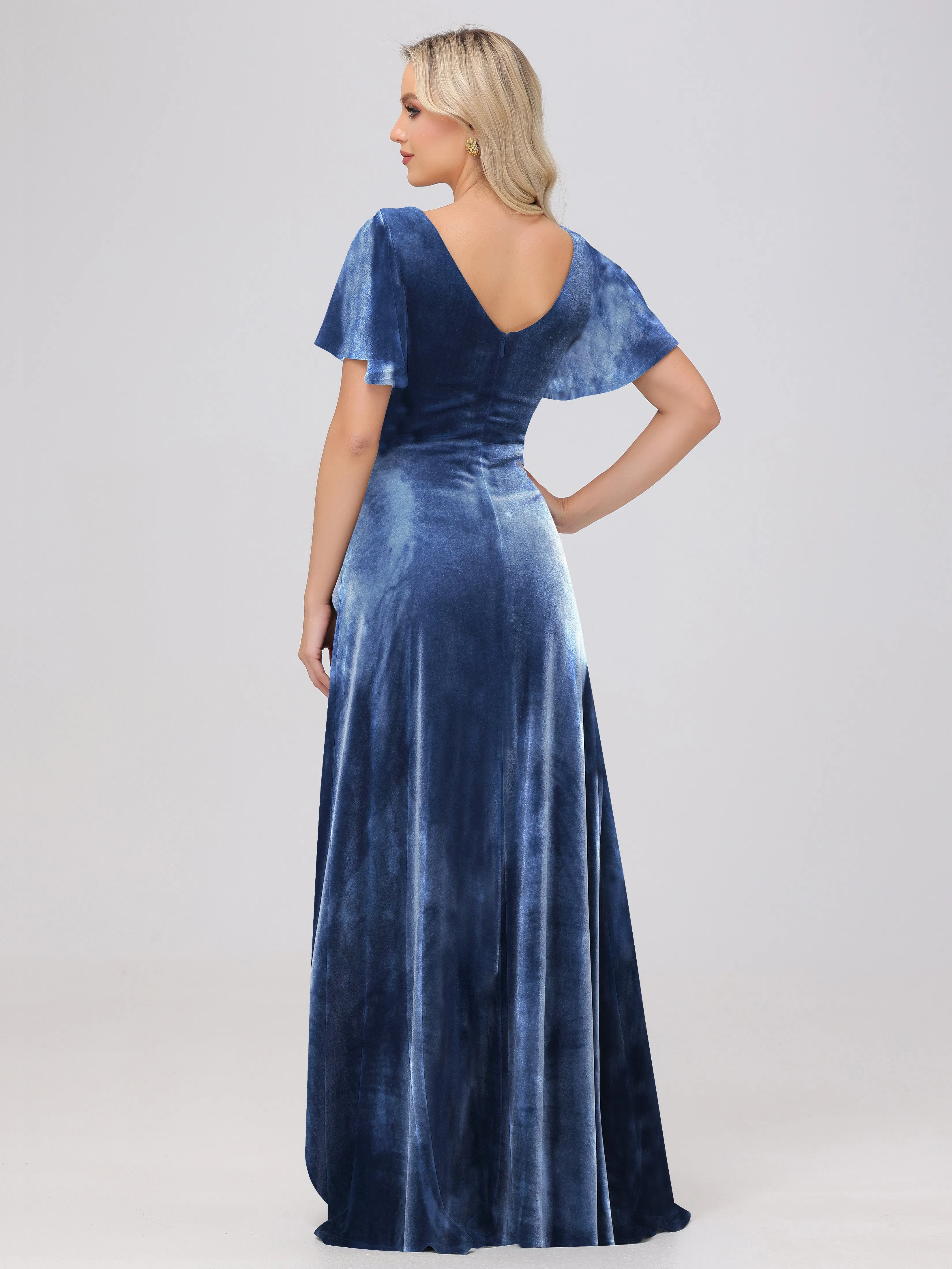 V-Neck Short Sleeves Ruffles Velvet Bridesmaid Dresses
