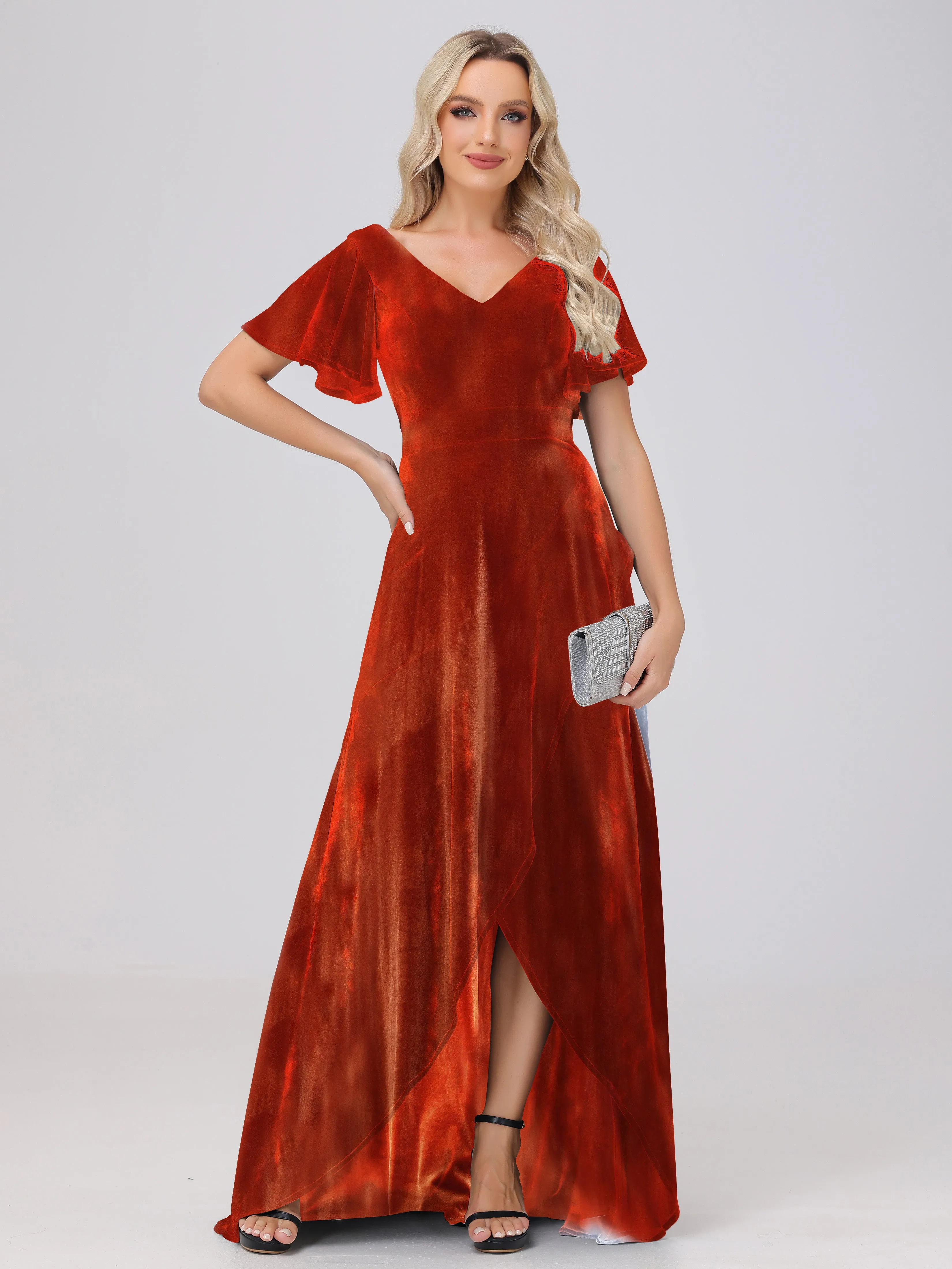 V-Neck Short Sleeves Ruffles Velvet Bridesmaid Dresses