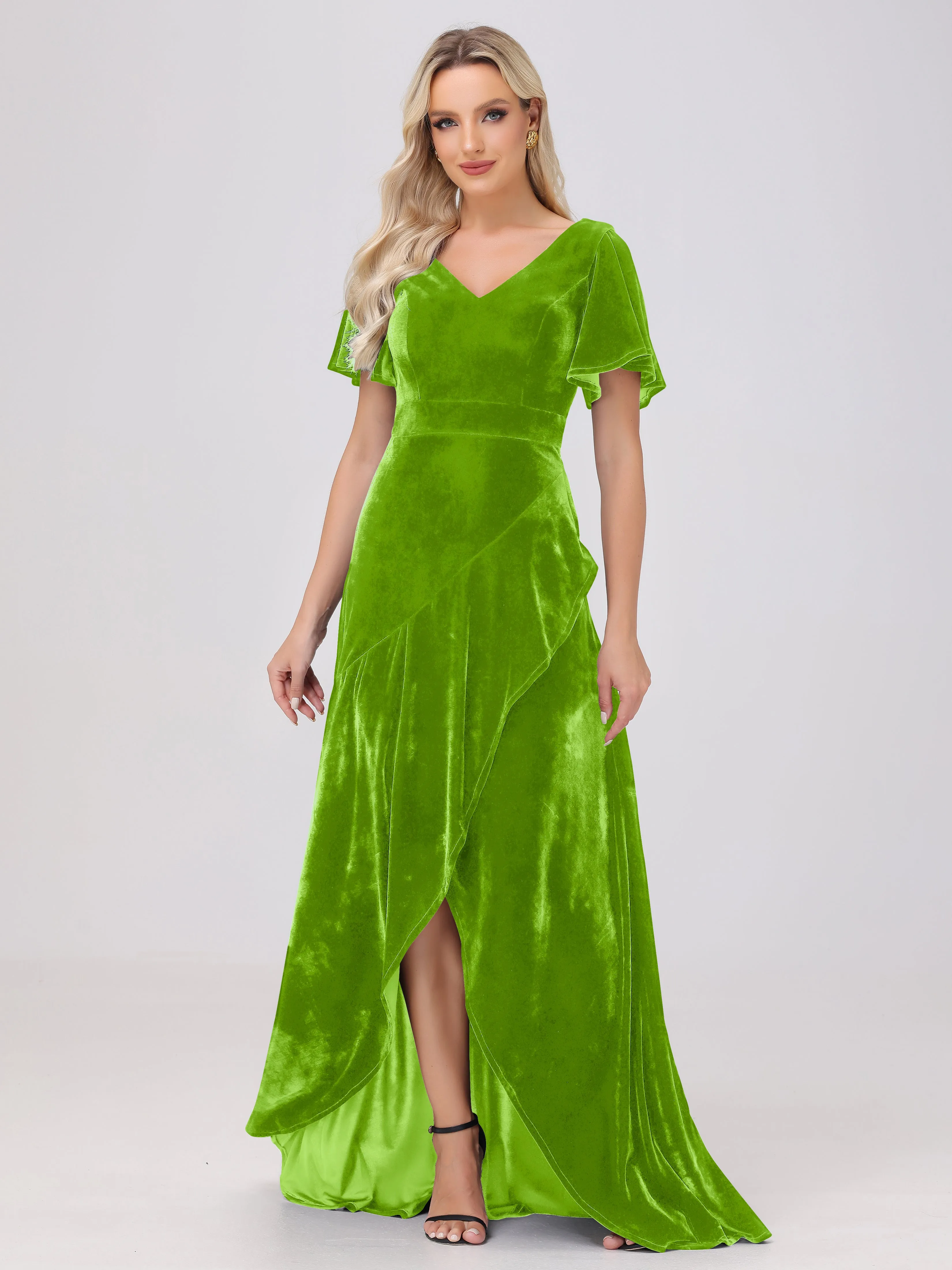 V-Neck Short Sleeves Ruffles Velvet Bridesmaid Dresses