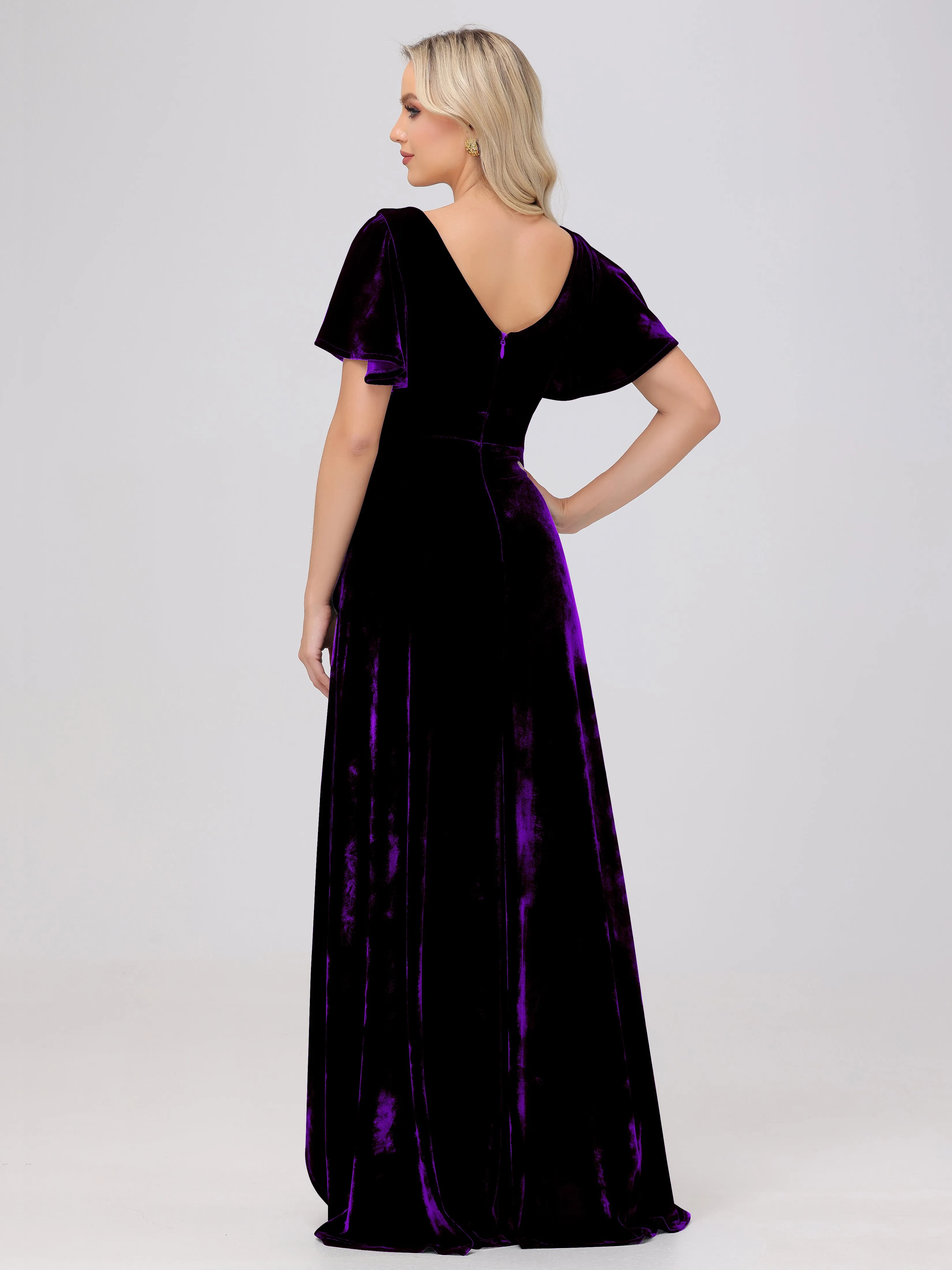 V-Neck Short Sleeves Ruffles Velvet Bridesmaid Dresses