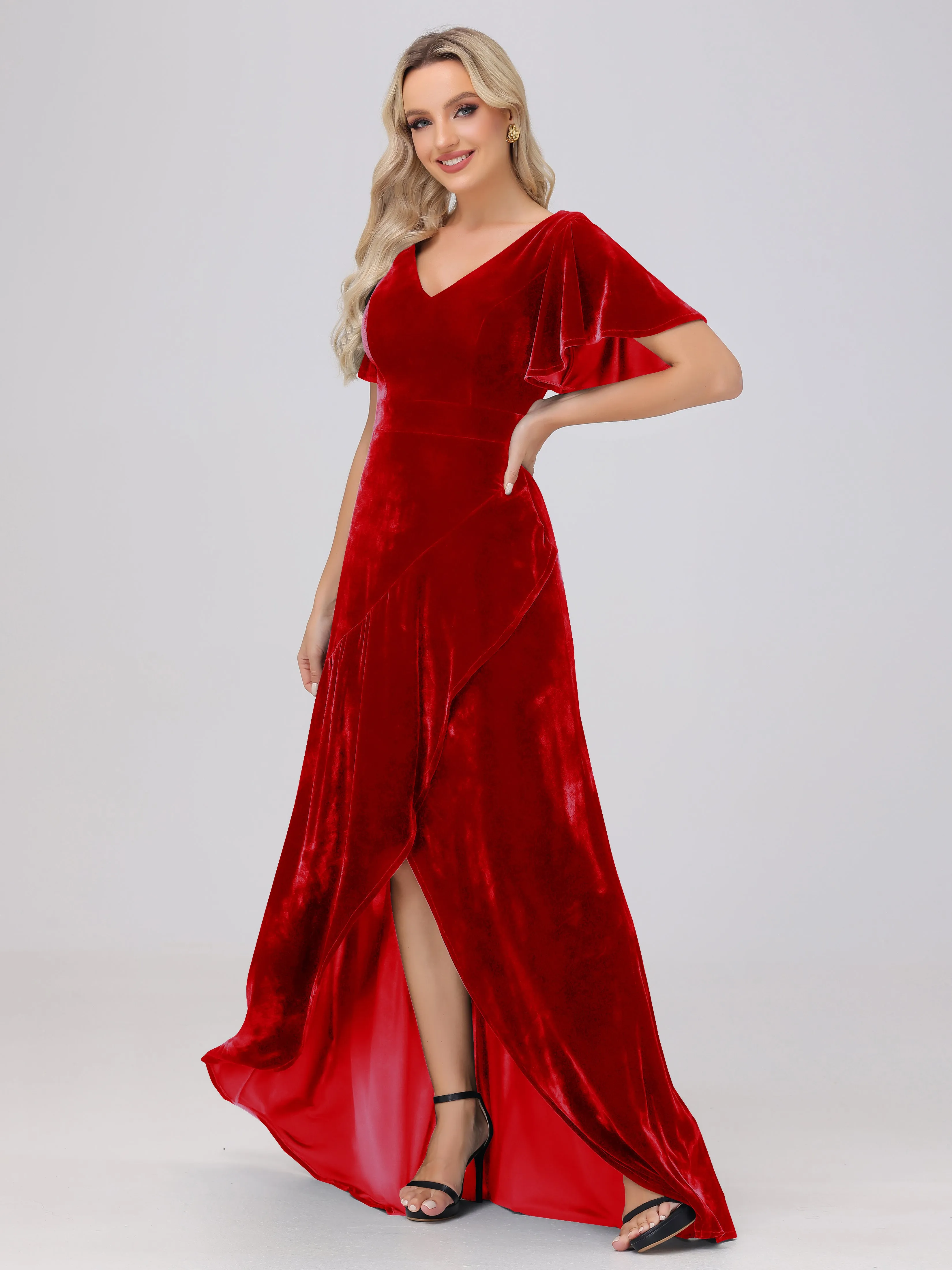 V-Neck Short Sleeves Ruffles Velvet Bridesmaid Dresses