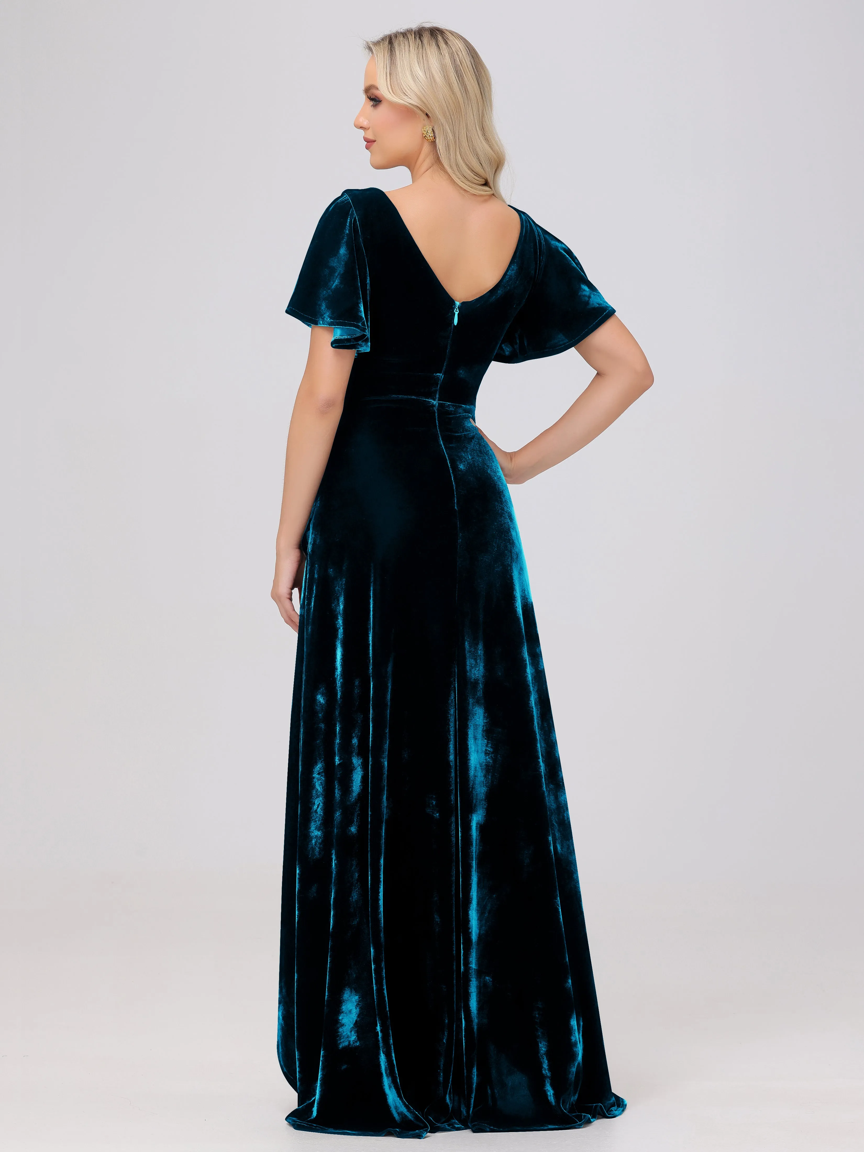 V-Neck Short Sleeves Ruffles Velvet Bridesmaid Dresses