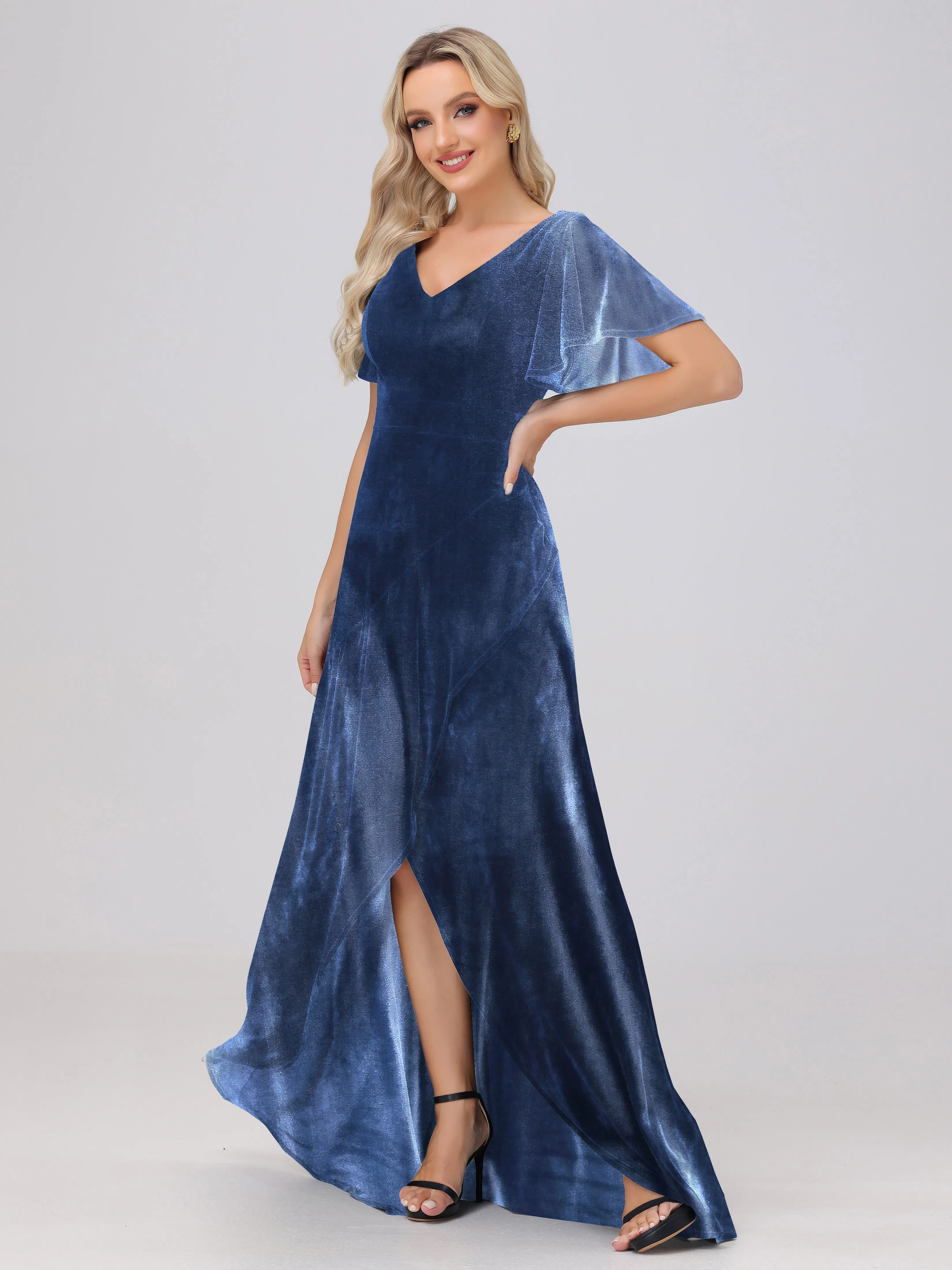 V-Neck Short Sleeves Ruffles Velvet Bridesmaid Dresses