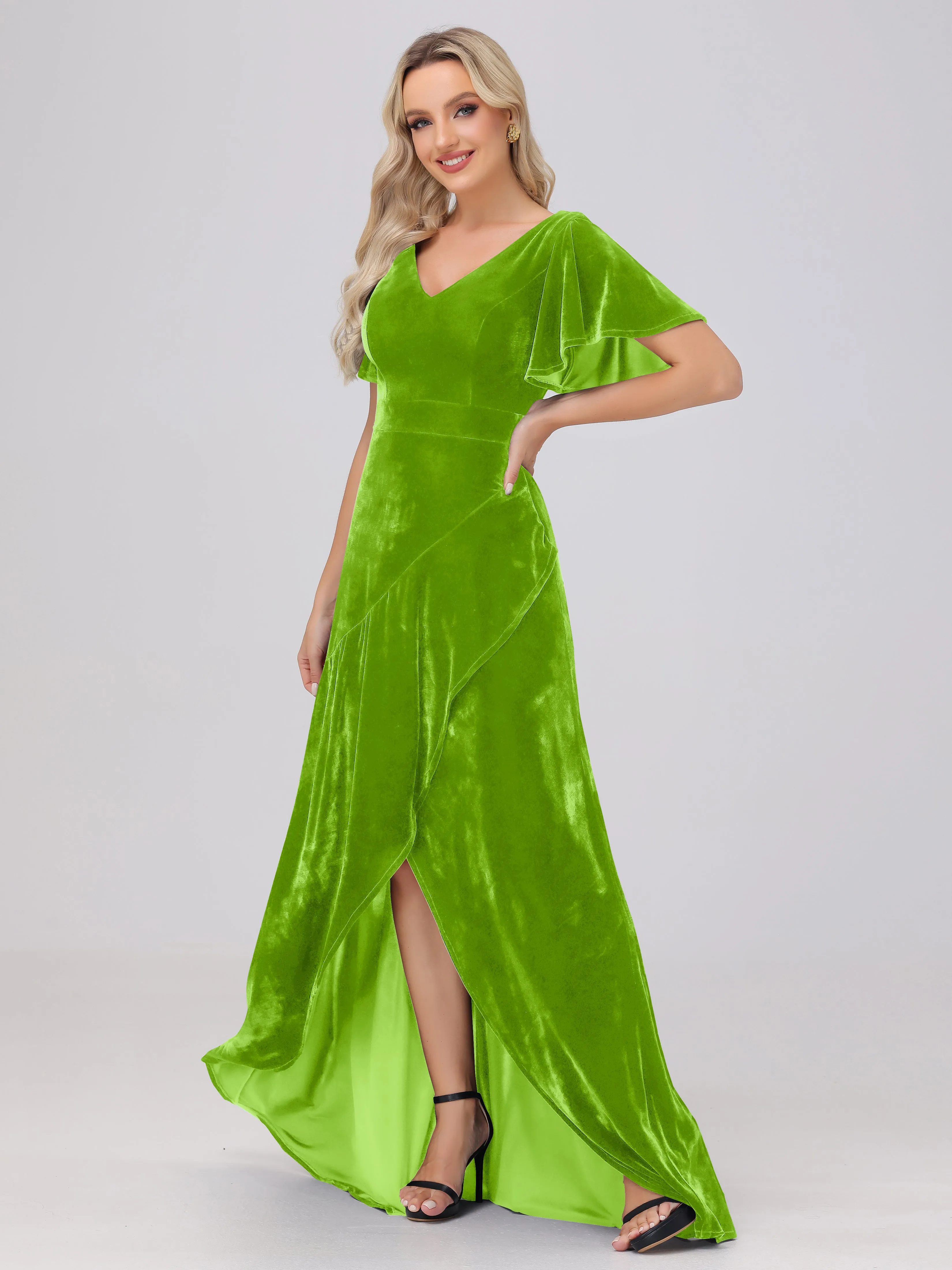 V-Neck Short Sleeves Ruffles Velvet Bridesmaid Dresses