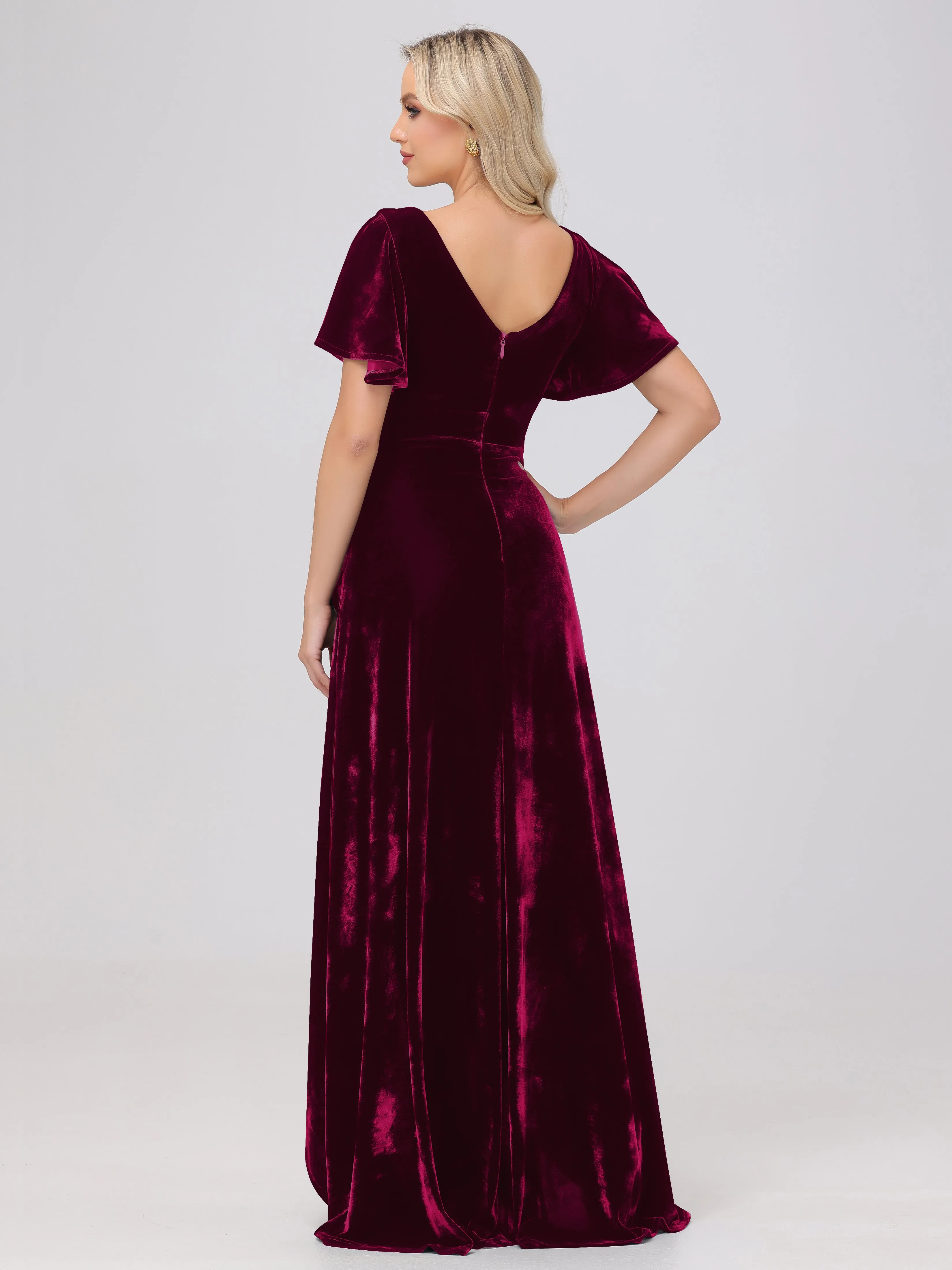 V-Neck Short Sleeves Ruffles Velvet Bridesmaid Dresses