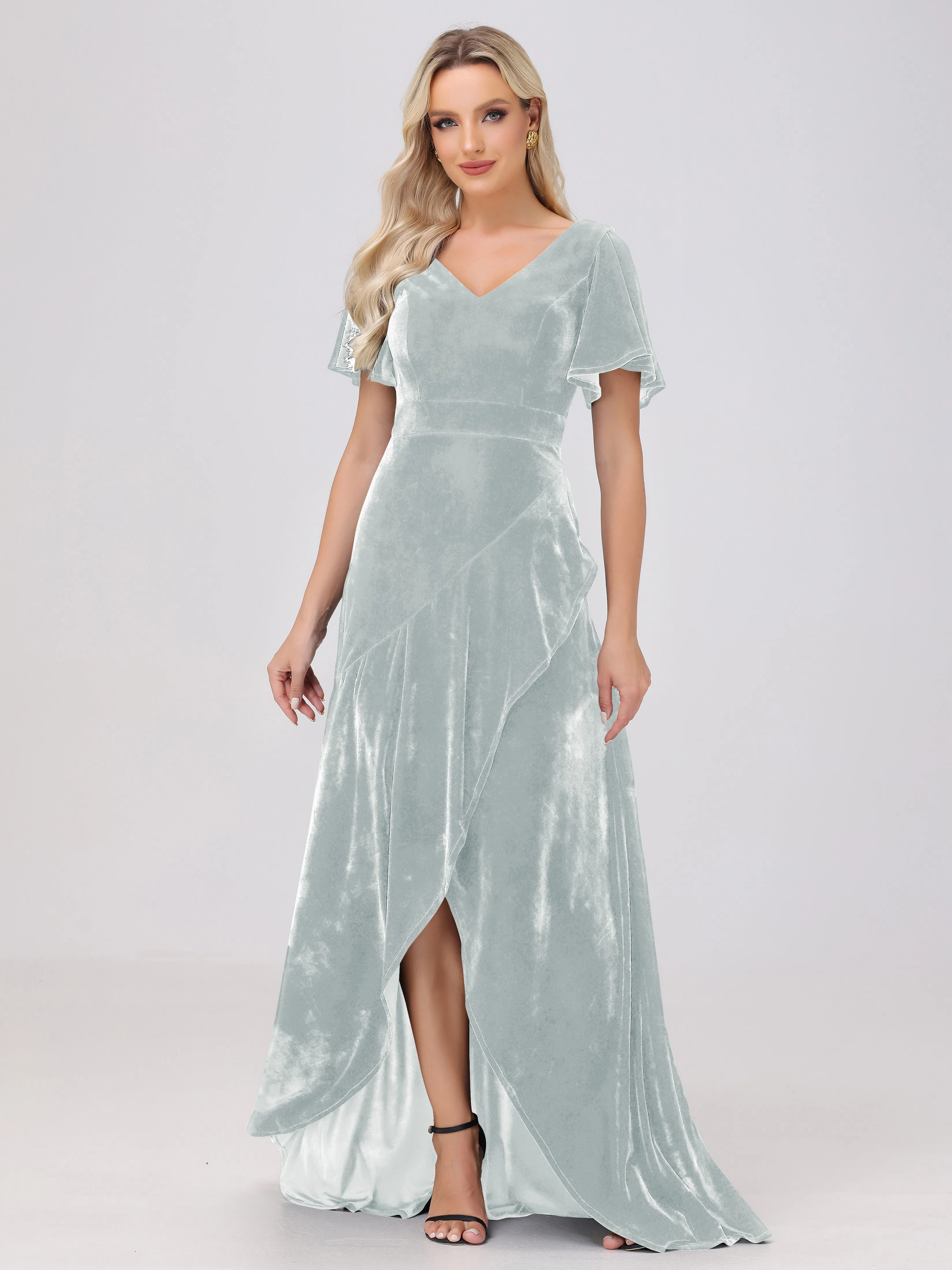V-Neck Short Sleeves Ruffles Velvet Bridesmaid Dresses