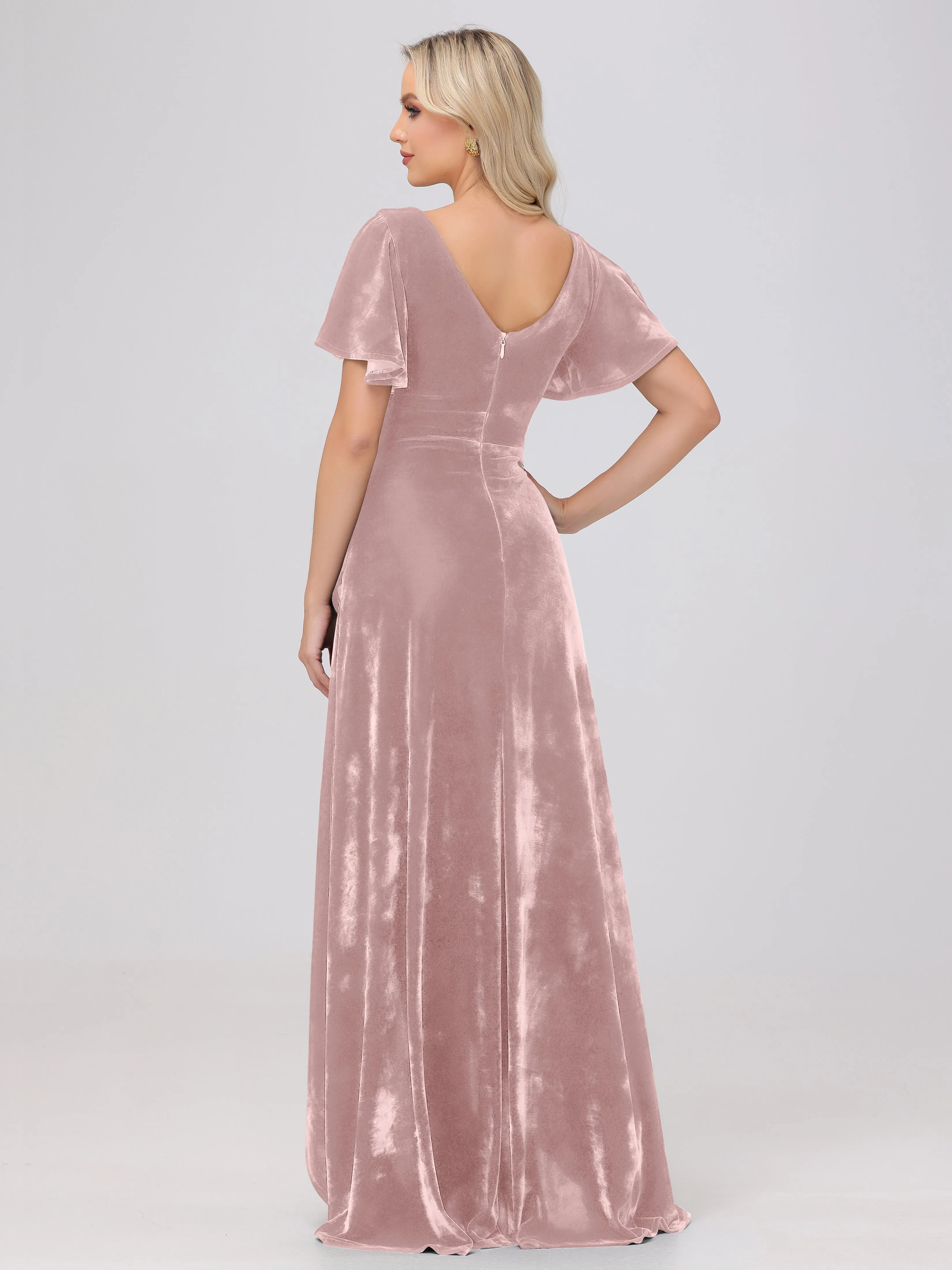 V-Neck Short Sleeves Ruffles Velvet Bridesmaid Dresses