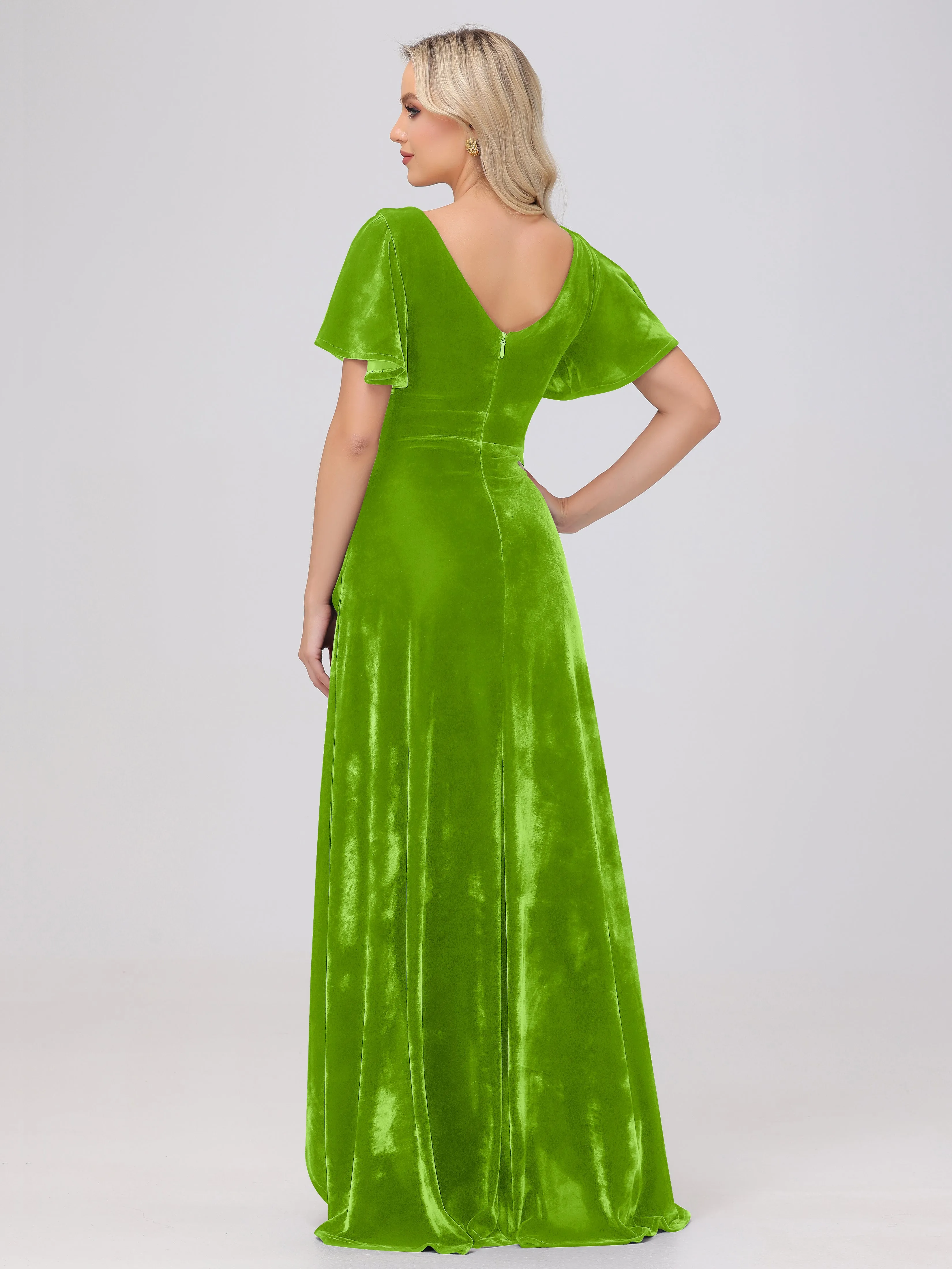 V-Neck Short Sleeves Ruffles Velvet Bridesmaid Dresses