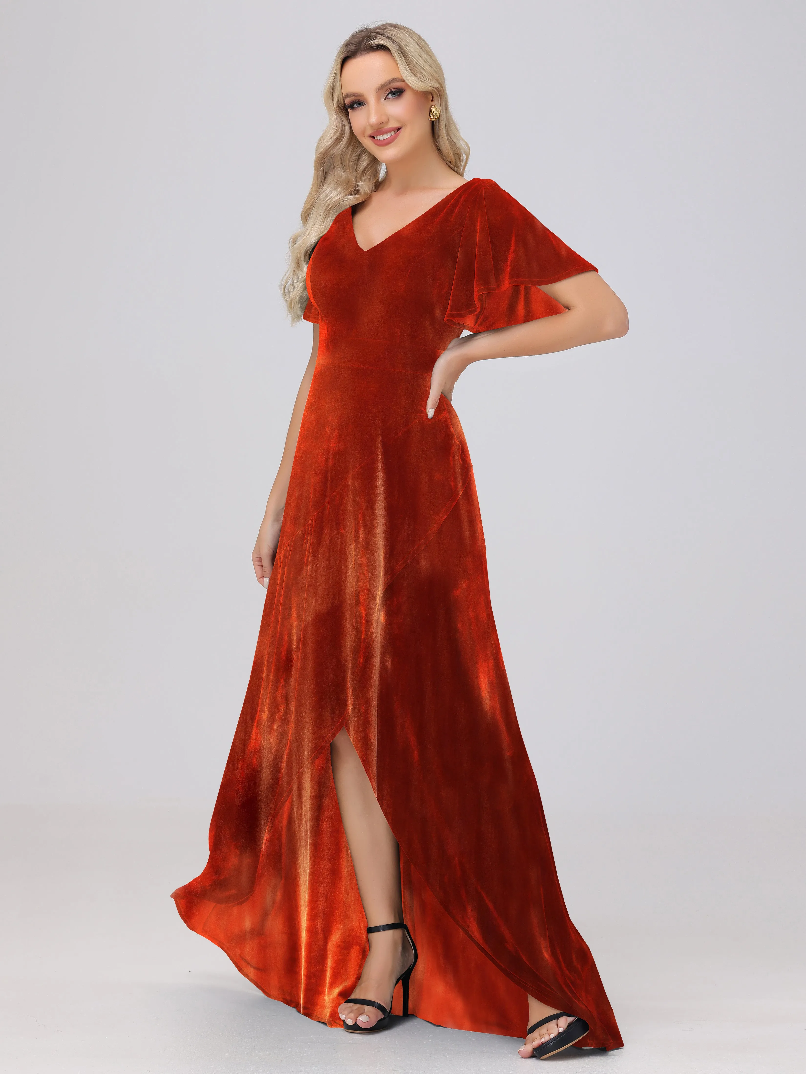 V-Neck Short Sleeves Ruffles Velvet Bridesmaid Dresses