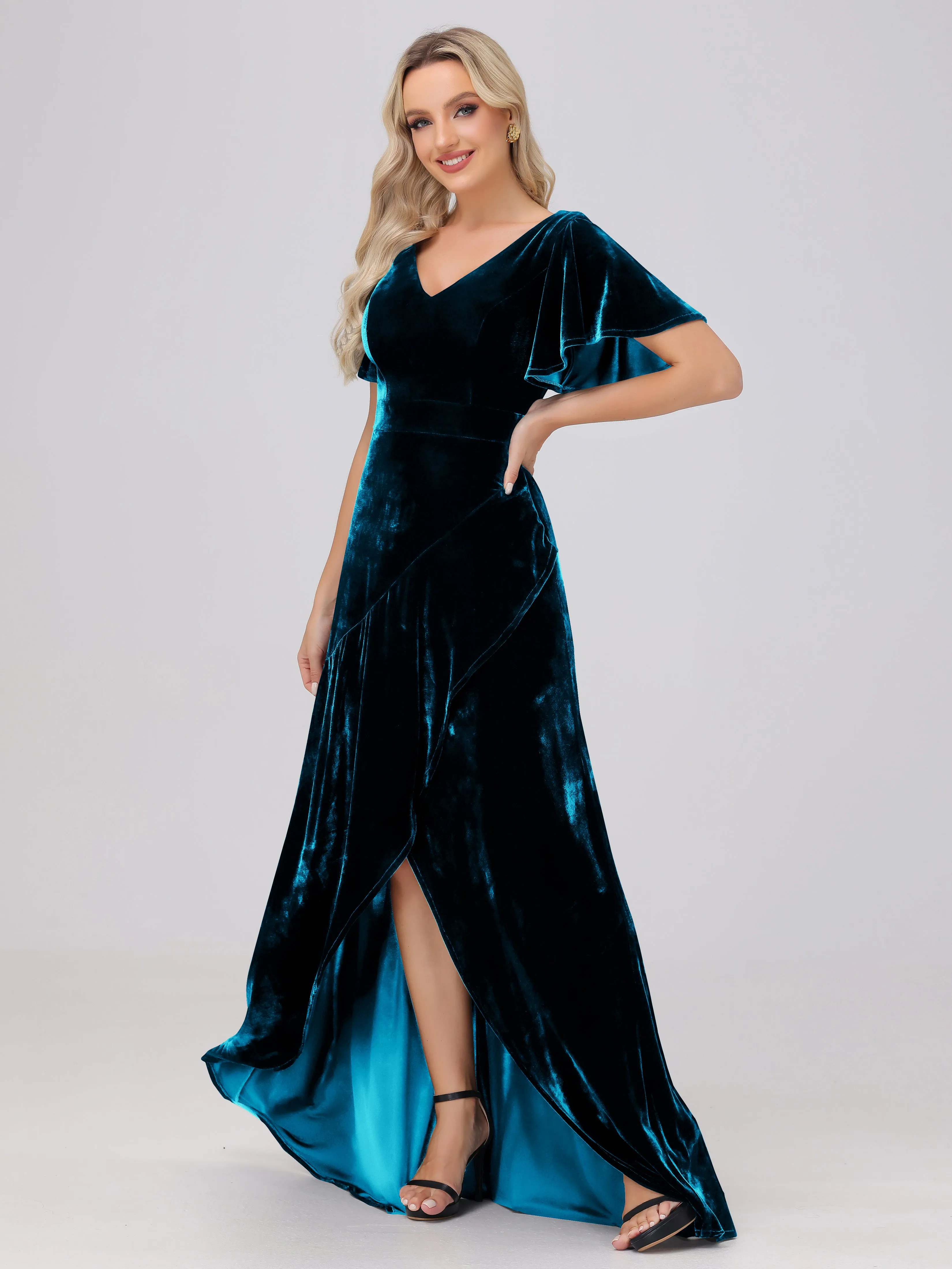 V-Neck Short Sleeves Ruffles Velvet Bridesmaid Dresses