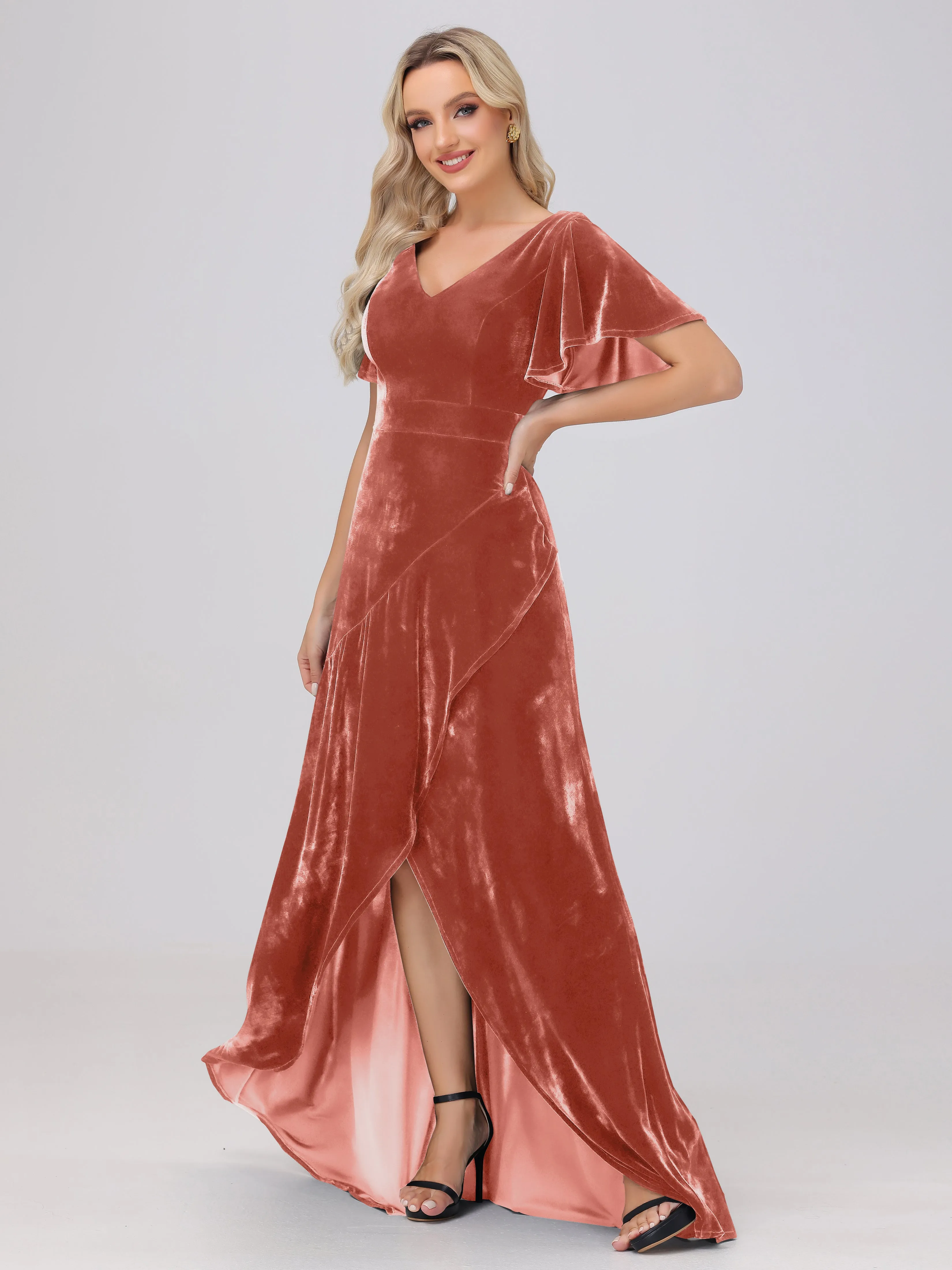 V-Neck Short Sleeves Ruffles Velvet Bridesmaid Dresses